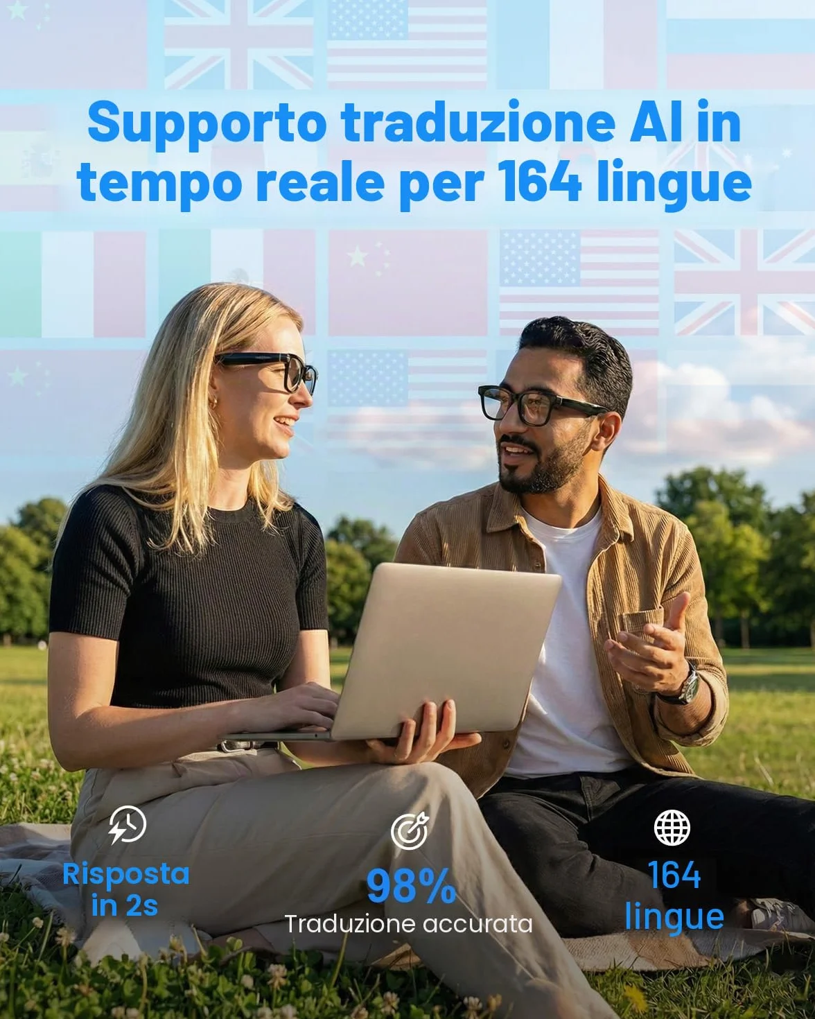 Occhiali Intelligenti Con Fotocamera e Bluetooth, 8 MP, 32 GB, HD 1200p, Con Funzionalità di Registrazione Foto/Video/Audio, Traduzione in Tempo Reale, Assistente Vocale e Riconoscimento Degli Oggetti