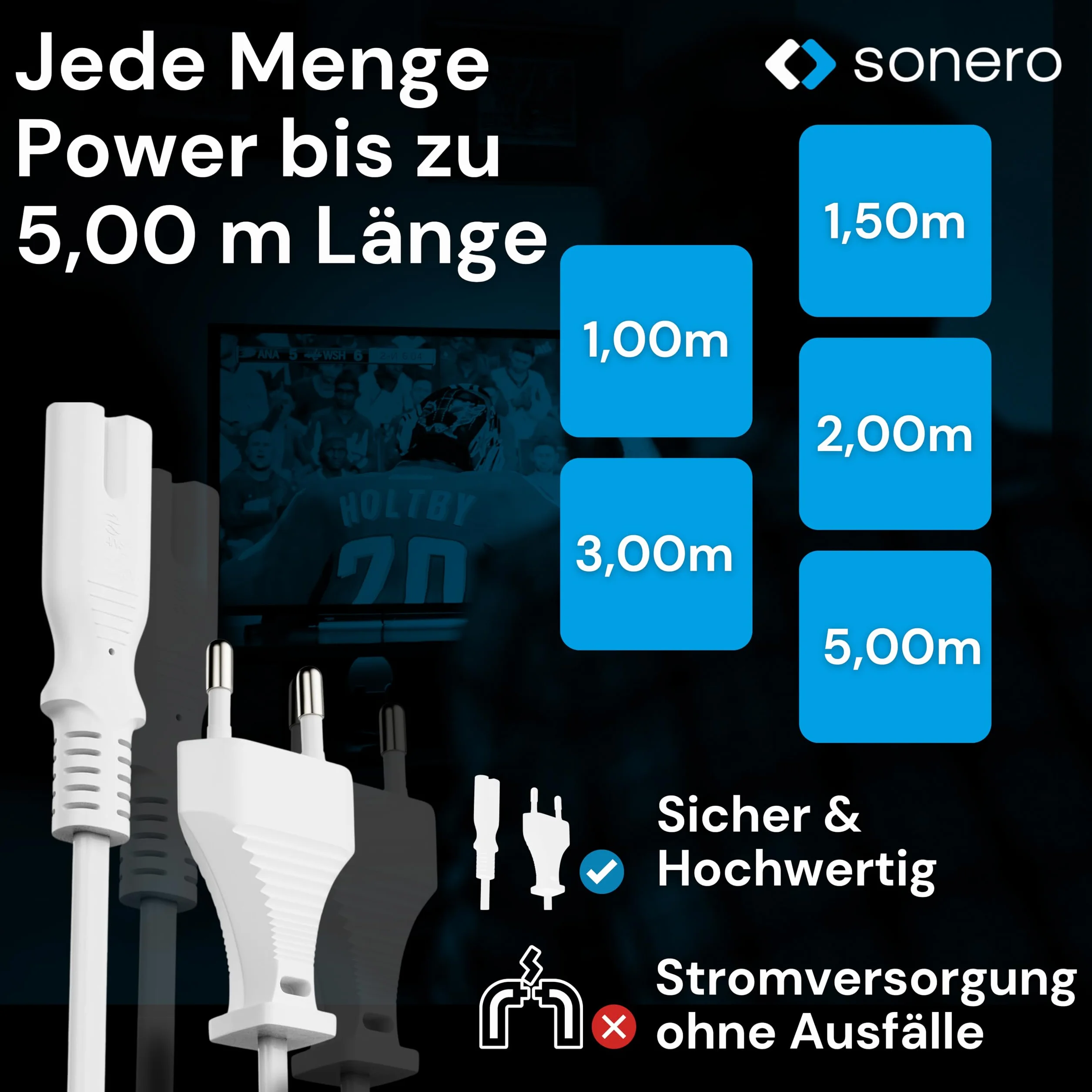Sonero® Euro-Cavo di alimentazione, cavo di alimentazione per elettrodomestici, spina Euro a presa IEC C7, 3,00 m, bianco