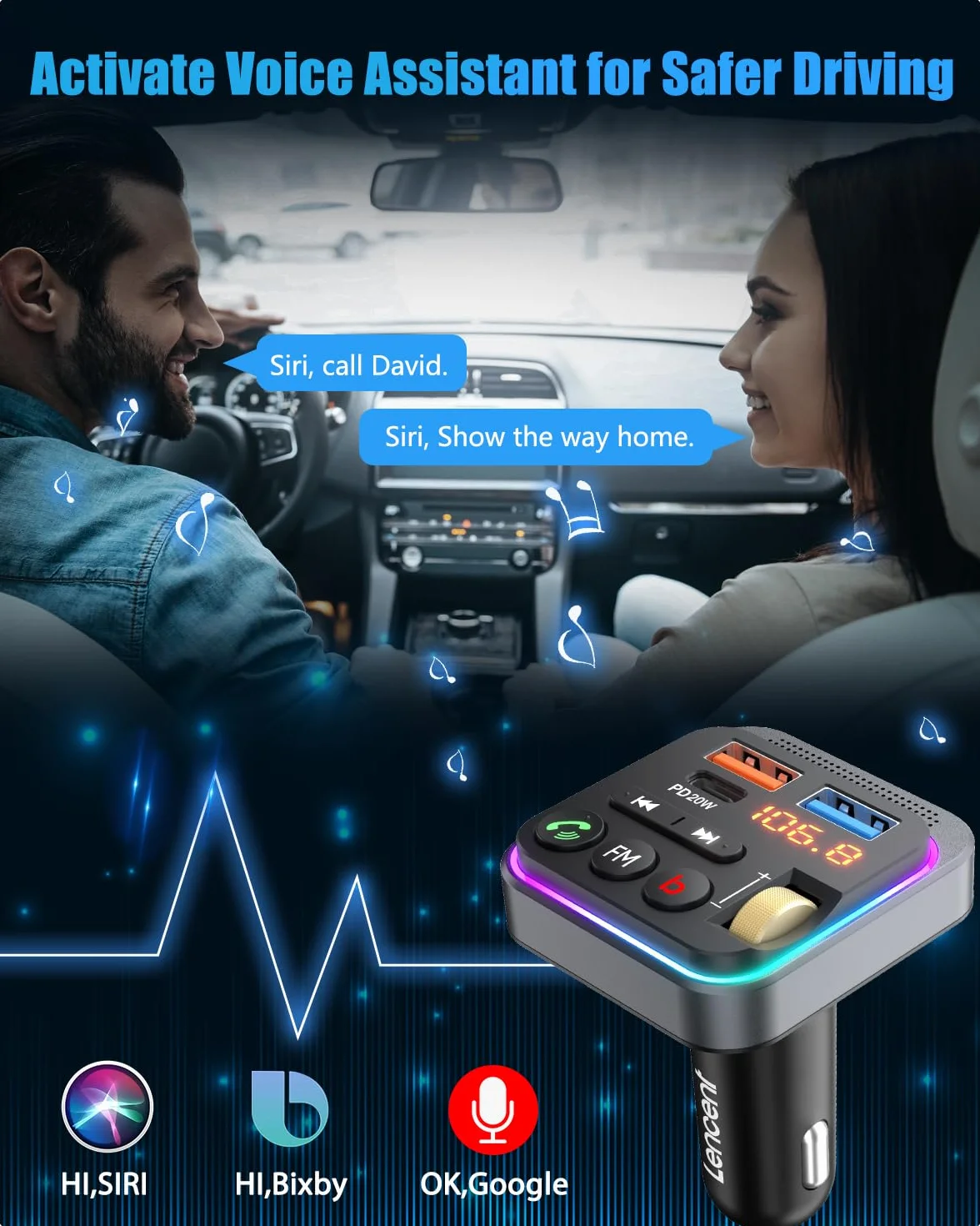 LENCENT Trasmettitore Bluetooth 5.0 per Auto, Musica Bluetooth Auto con Bassi Profondi e Suono Hi-Fi lossless, Ricarica Rapida Tipo-C PD 20W e QC3.0 18W, Supporto Disco U