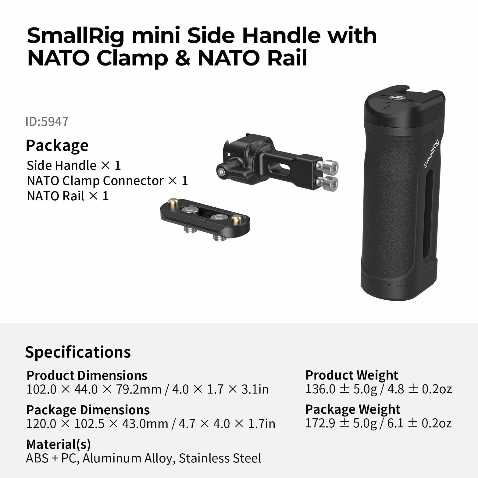 SmallRig Mini Maniglia Laterale con Morsetto NATO e Guida NATO, Regolabile in Altezza e in Profondità, con Slitta Integrata e Foro Filettato, Carico Massimo 10 kg / 22 libbre - 5947