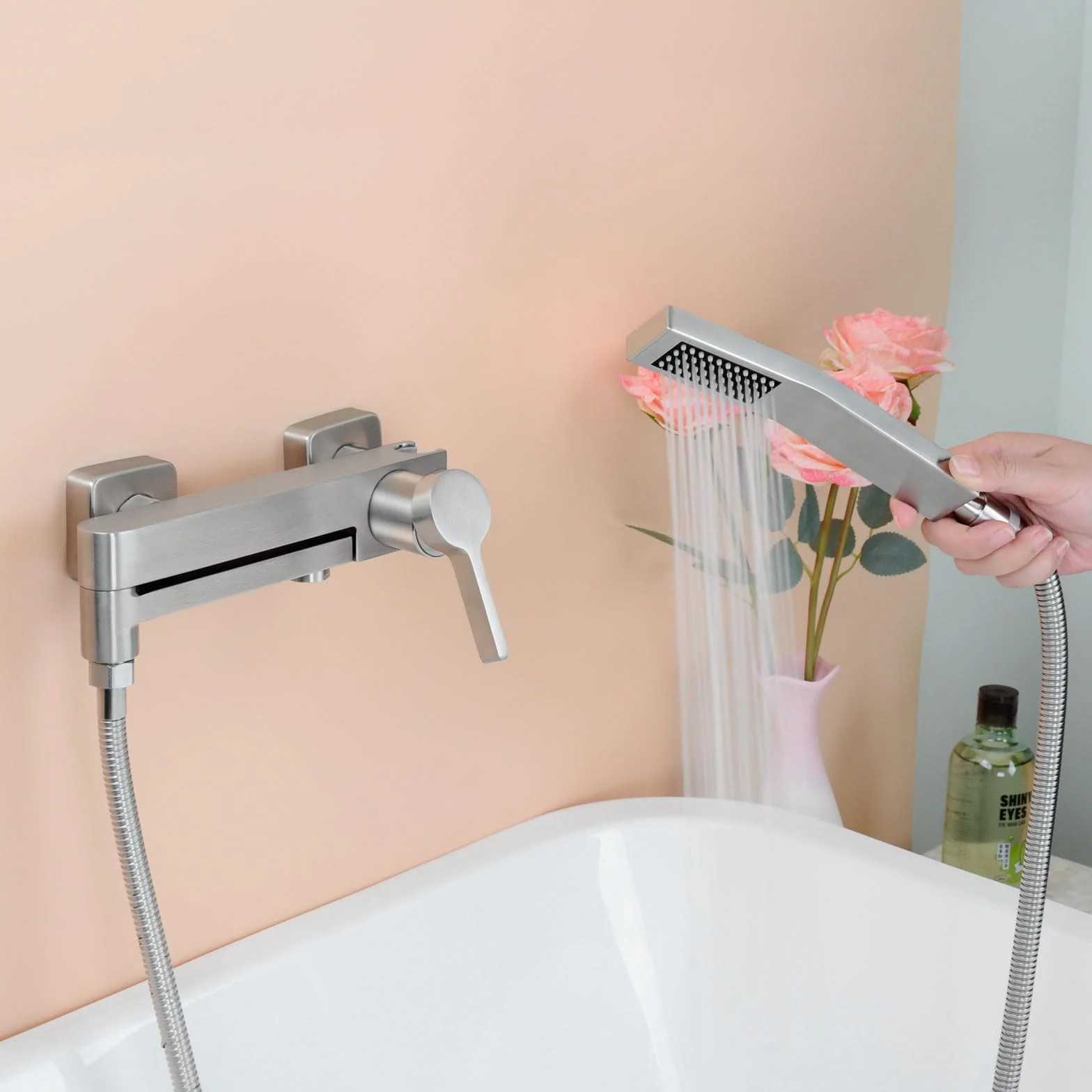 PHASAT Rubinetti per Vasca con Doccetta, Miscelatore per Doccia per Bagno, Rubinetto a Parete Bagno Bocca girevole a 90 °, Nichel Spazzolato PTBL17E