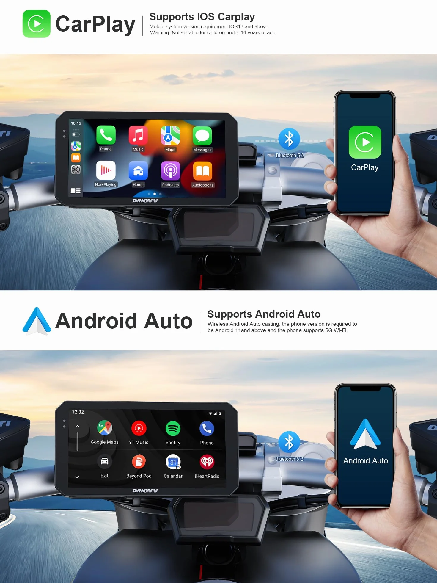 INNOVV N2 - Dash Cam per moto Carplay, touch screen da 6 pollici, supporta Android Auto e iOS, fotocamera anteriore e posteriore 2K 2K con navigazione GPS, modalità parcheggio, musica, Wi-Fi 5.8G