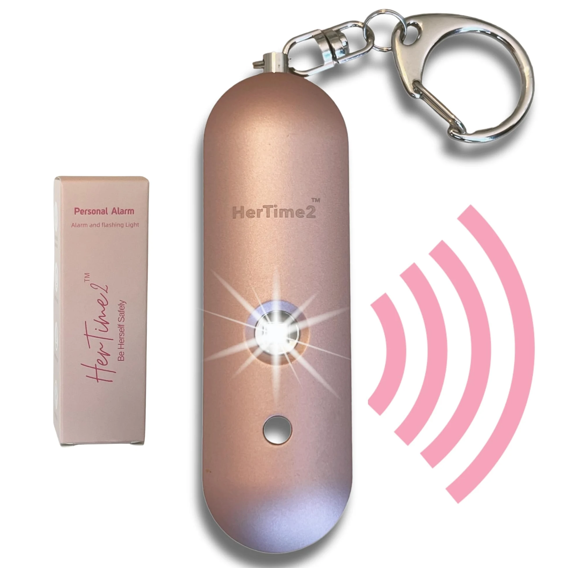 HerTime2 Allarme di sicurezza personale da donna, sirena di autodifesa, portachiavi impermeabile con luce stroboscopica, alimentato a batteria, oro rosa