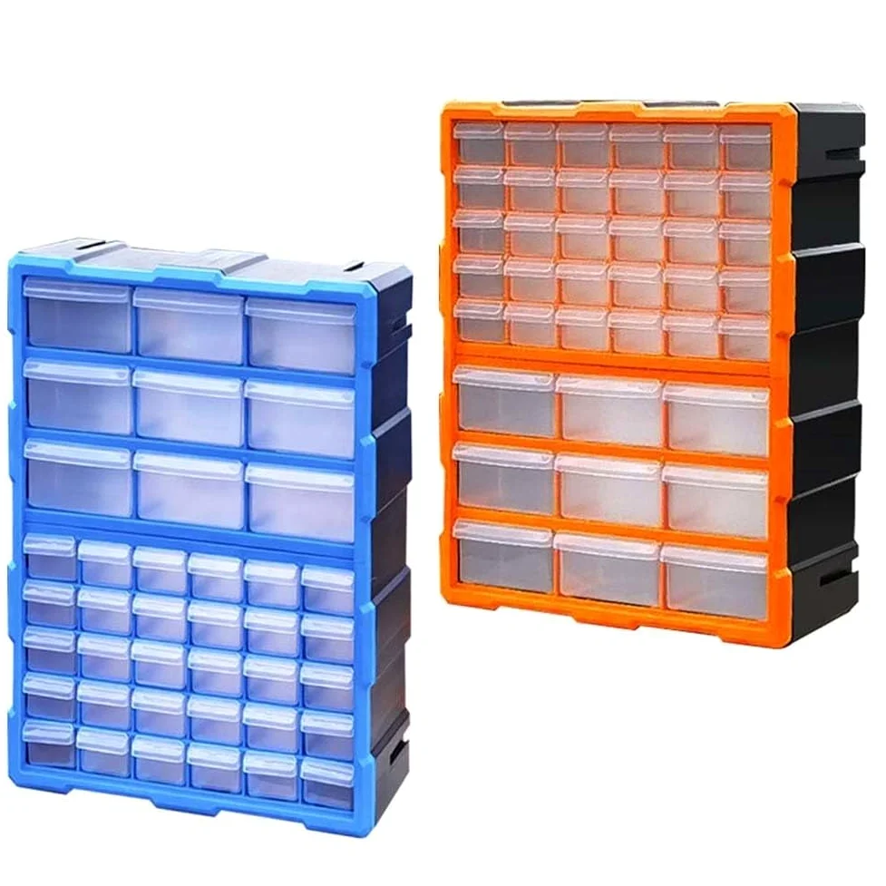 Scatola organizer in plastica resistente con 18 scomparti per piccoli attrezzi e elementi di fissaggio, con coperchio trasparente per una facile visibilità e struttura impilabile per risparmiare