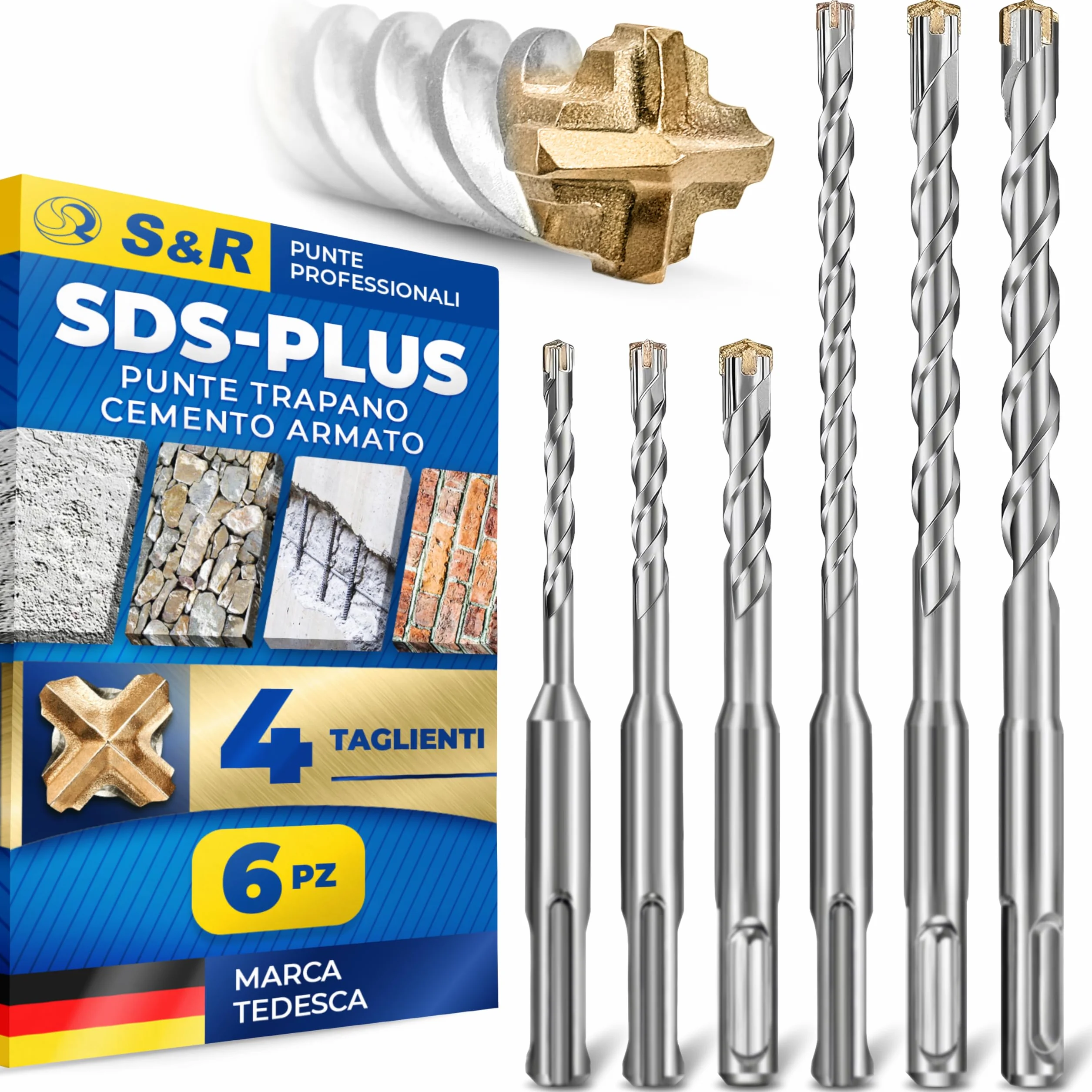 S&R Set Punte Trapano SDS-Plus 4 taglienti 6 pezzi Ø 5-8 x 11cm 6-10 x 16cm per Cemento Armato Muratura