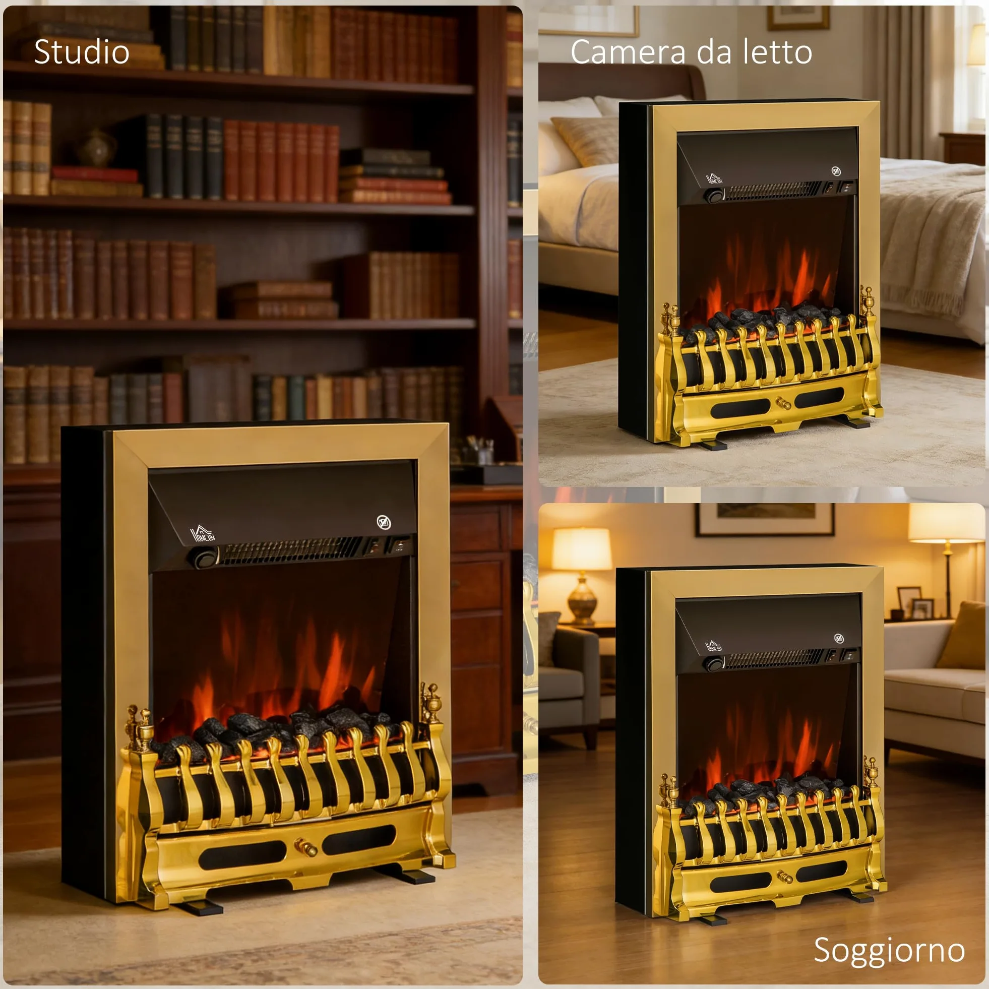 HOMCOM Camino Elettrico da Terra 1000/2000 W, Effetto Fiamma LED, Oro | Caminetto Elettrico, Protezione da Surriscaldamento e Ribaltamento, Riscaldamento Regolabile