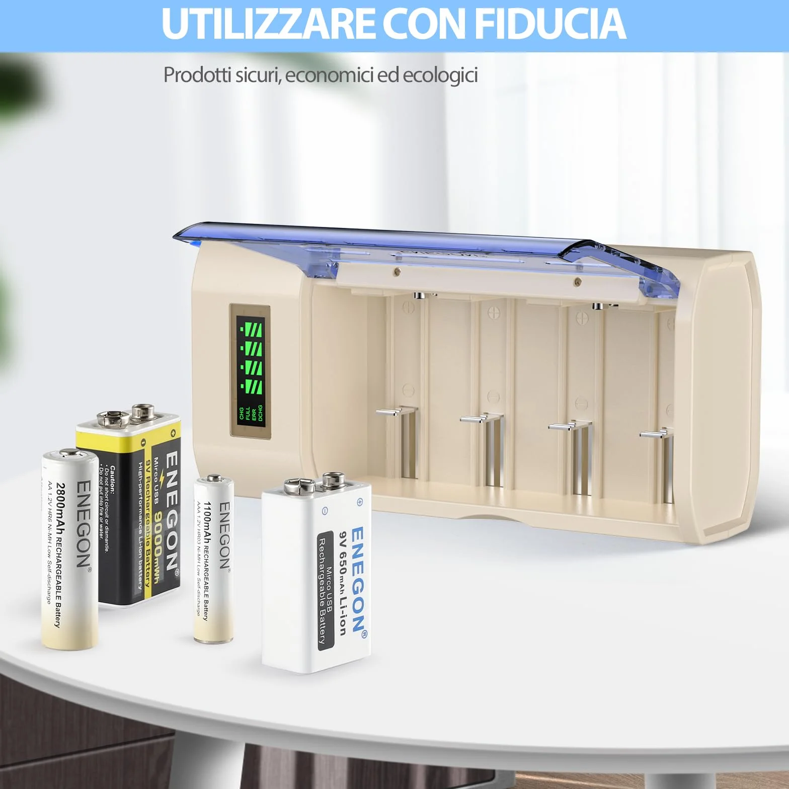 ENEGON Caricabatterie Universale per AA/AAA/C/D/9V NiMH/NiCD, con Display LCD, Funzione di Scarica e 4 Slot (Senza Adattatore)