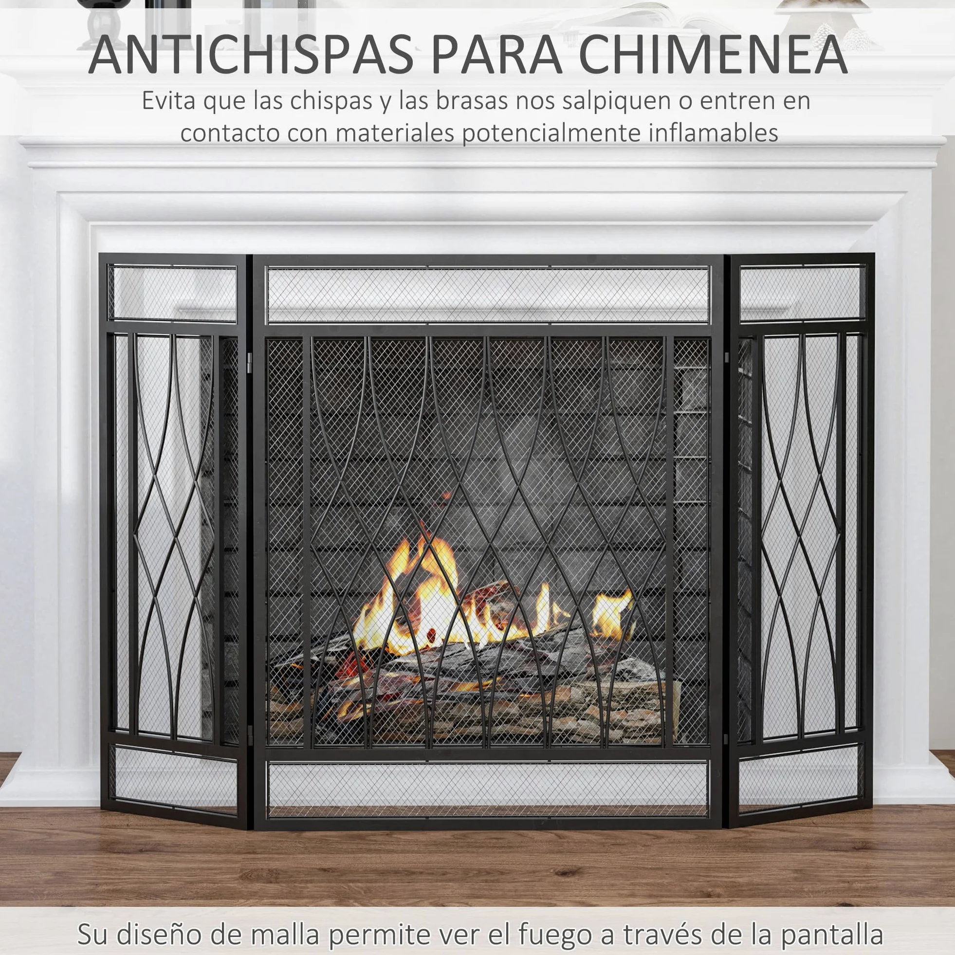 HOMCOM Parafuoco pieghevole a 3 pannelli con cerniere e struttura decorativa in metallo 126x3x80 cm Nero