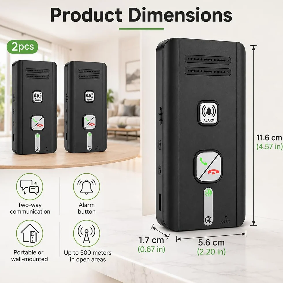 Citofono Senza Fili, HOVCEH 2 Pezzi Interfono Casa da 500 m, Citofono Wireless Bidirezionale per Casa, Pazienti e Anziani, Chiamata di Emergenza
