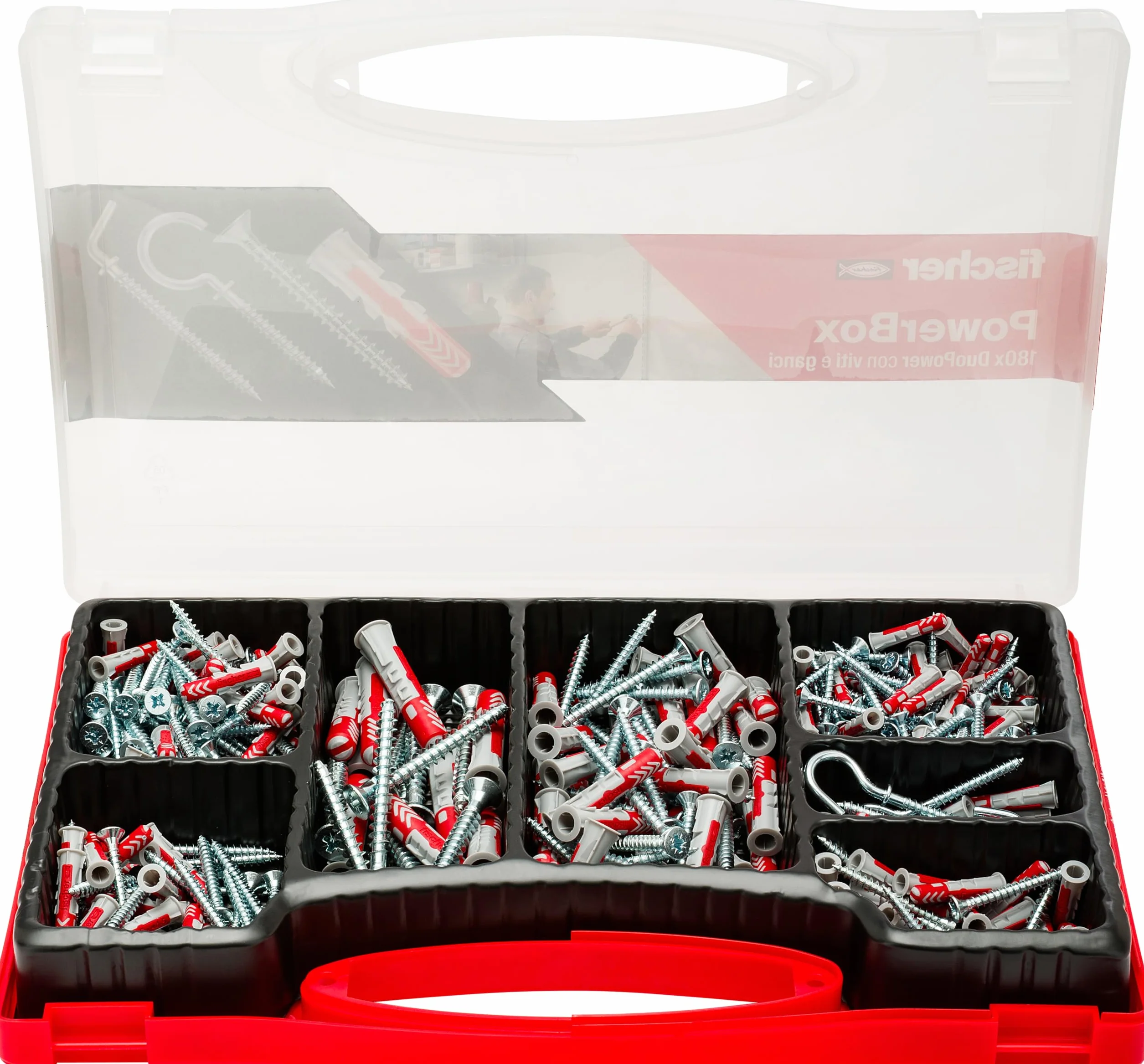 Fischer PowerBox 180 Tasselli DuoPower con Viti e Ganci, 360 Pz, per Muro Pieno, Forato e Cartongesso