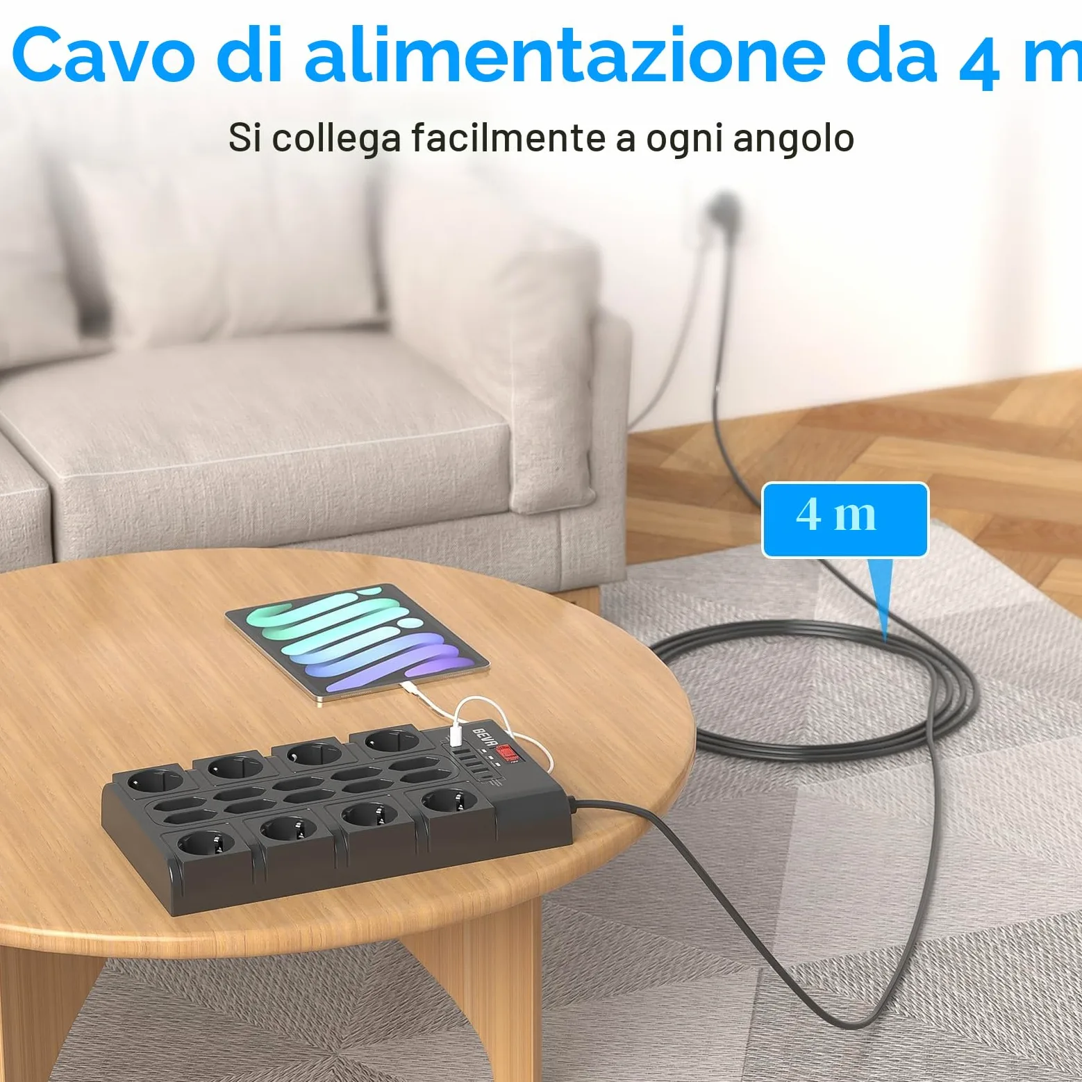 4M Ciabatta Multipresa 3680W/16A, BEVA Ciabatta Elettrica con 18 Prese CA, 4 Porte di Ricarica USB-A e 2 USB-C, Presa con Indicatore di Stato e Protezione Dalle Sovratensioni