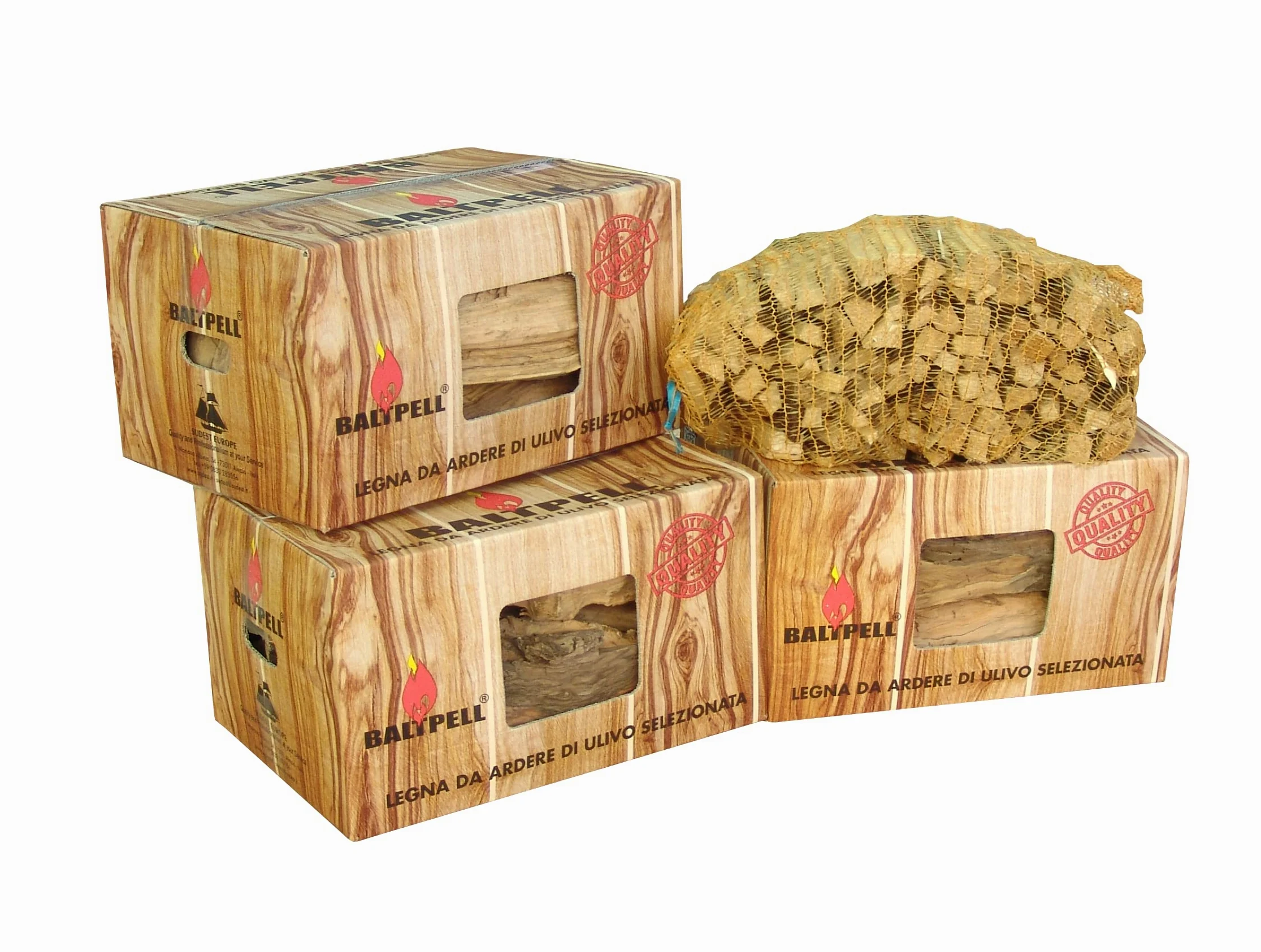 Set Legna Da Ardere di Ulivo Selezionata | 3 Scatole da 10KG Facili da Trasportare+3KG Legnetti Accendifuoco | Per Camini, Stufe, Barbecue | Ecologica & Non Sporca
