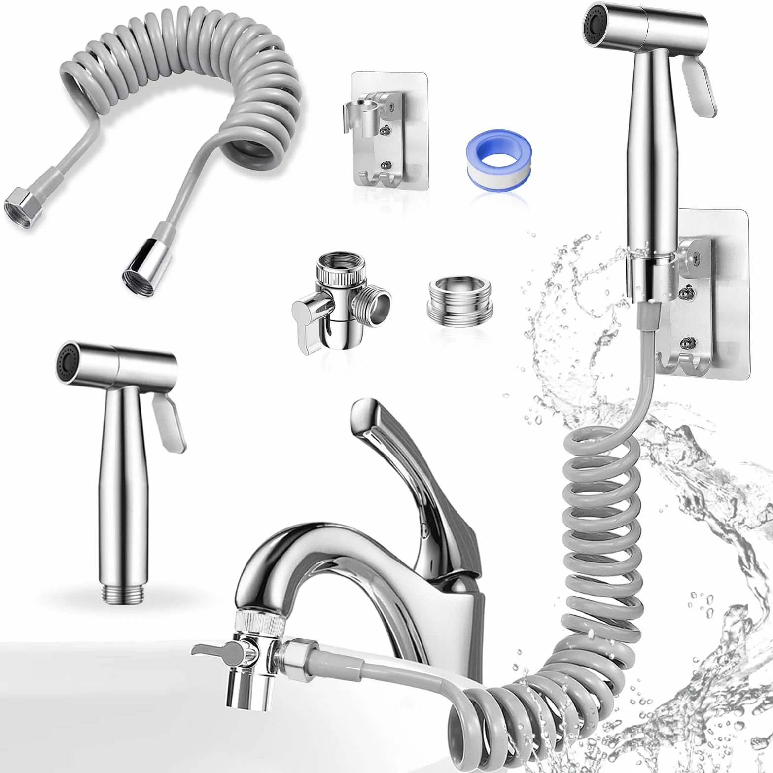 Tubo doccia telescopico 3m con set doccetta bidet, nastro adesivo per spruzzatore