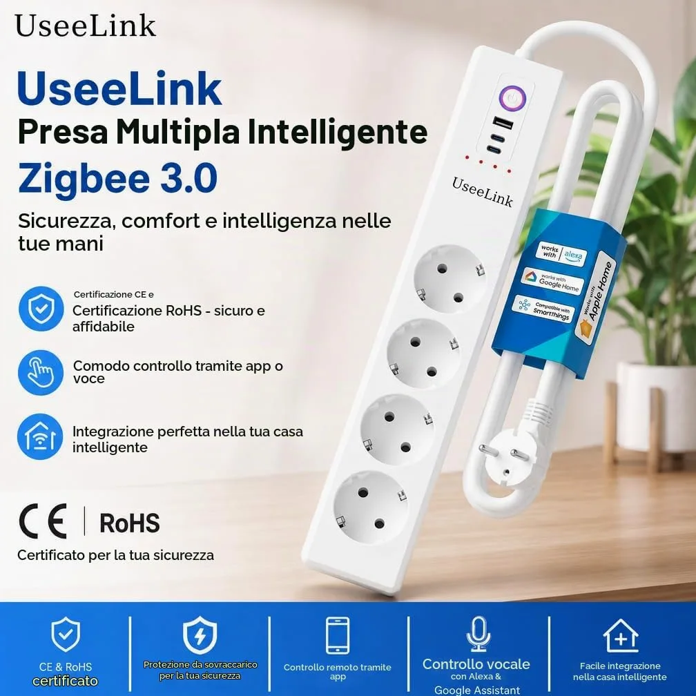 UseeLink Zigbee protezione da sovratensione ciabatta 10A 4 prese CA interruttori individuali 2 protezione da sovraccarico timer USB nessun hub richiesto Certificato CE Bianco