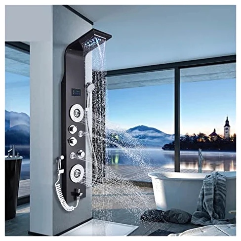 Set Miscelatore termostatico per Doccia con Pannello LED, 6 funzioni, soffione a Pioggia e a Cascata, rubinetti per Bidet per Vasca idromassaggio