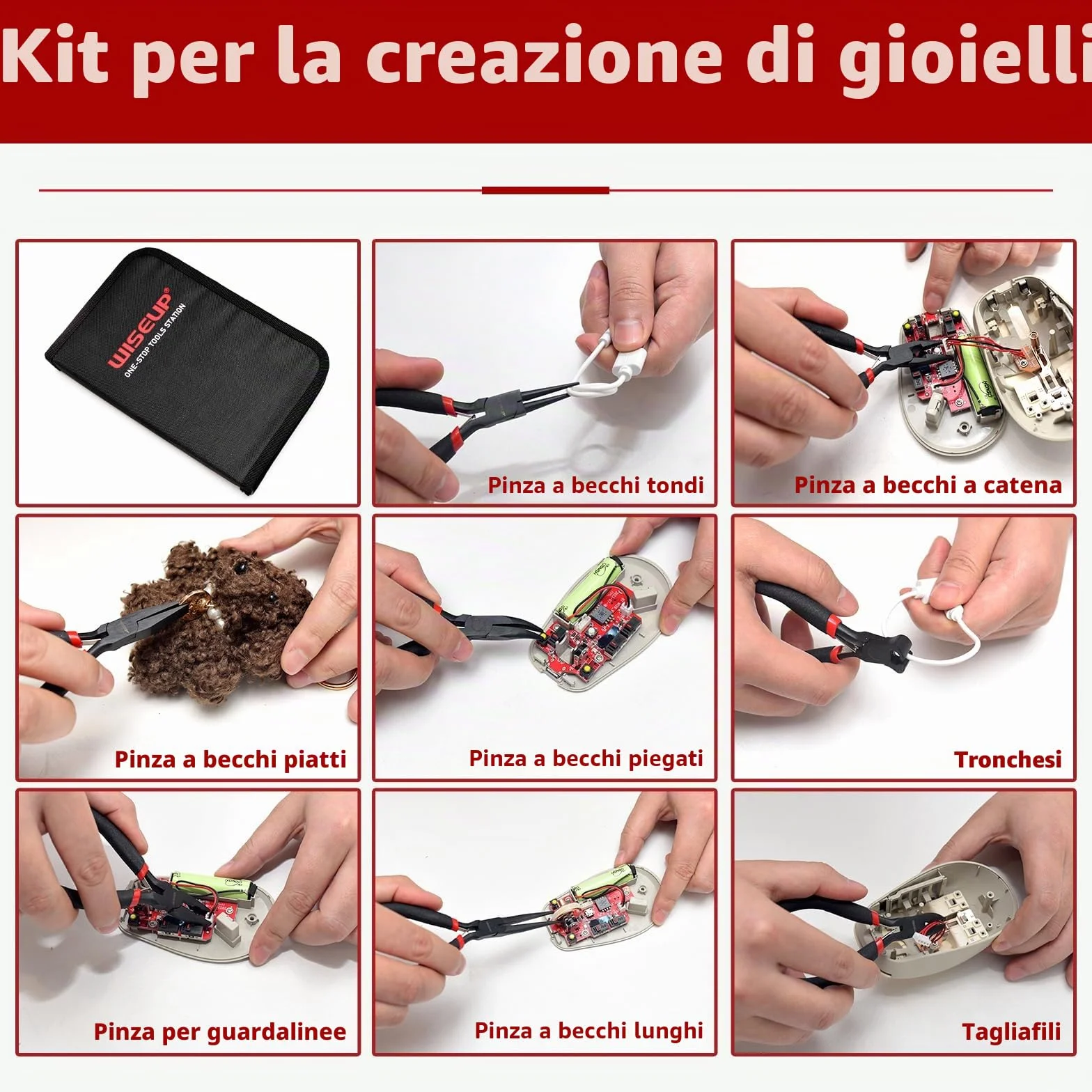 WISEUP Set di 8 mini pinze ago, rotondo, piatto, lungo, becco curvo, diagonale, taglio finale, guardalinee con custodia