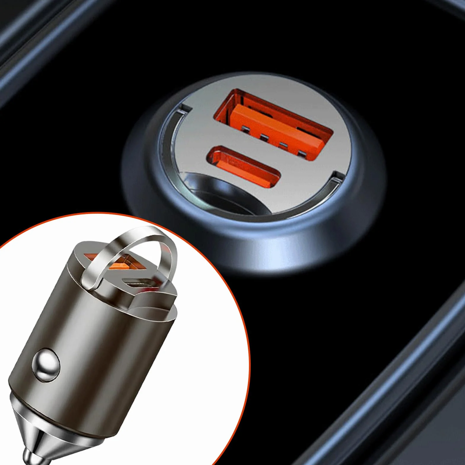 Caricabatterie da auto a ricarica rapida, doppia presa di ricarica, adattatore compatto in lega di zinco, accessorio per tablet, viaggi su strada, smartphone, veicoli e camion