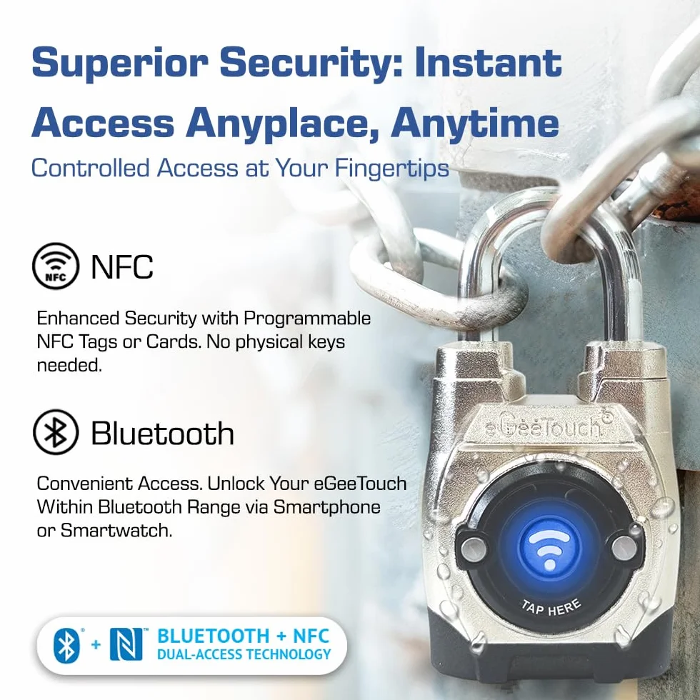 Lucchetto intelligente per esterni, IP66, resistente alle intemperie, design robusto per uso commerciale, Bluetooth + NFC (gancio corto), confezione da due