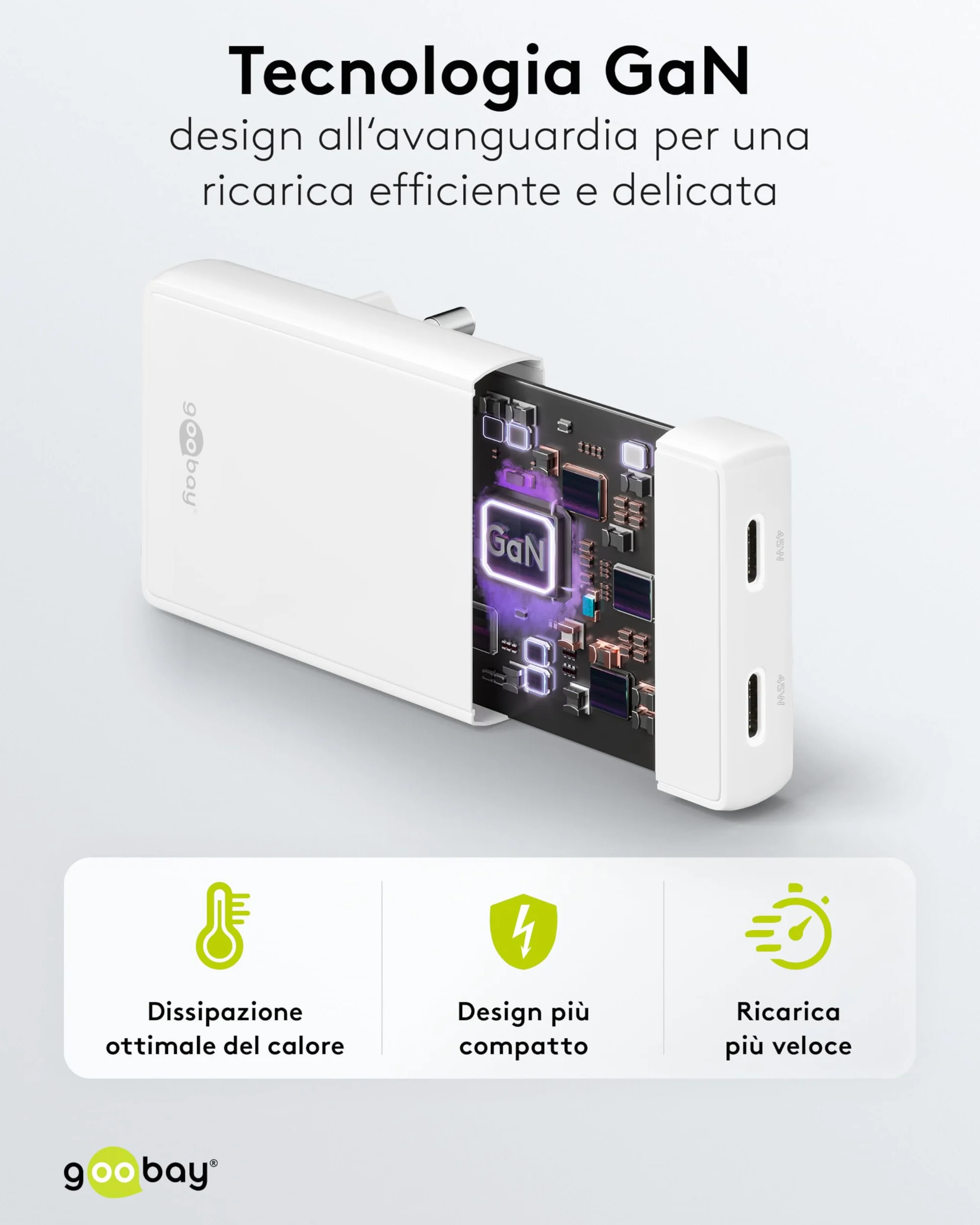goobay GaN Caricatore USB C piatto da 45 W, doppia porta (2 x USB-C), design piatto a 90°, ultra sottile e salvaspazio, per Apple, Samsung, Huawei, tablet, ecc.,bianco,75722