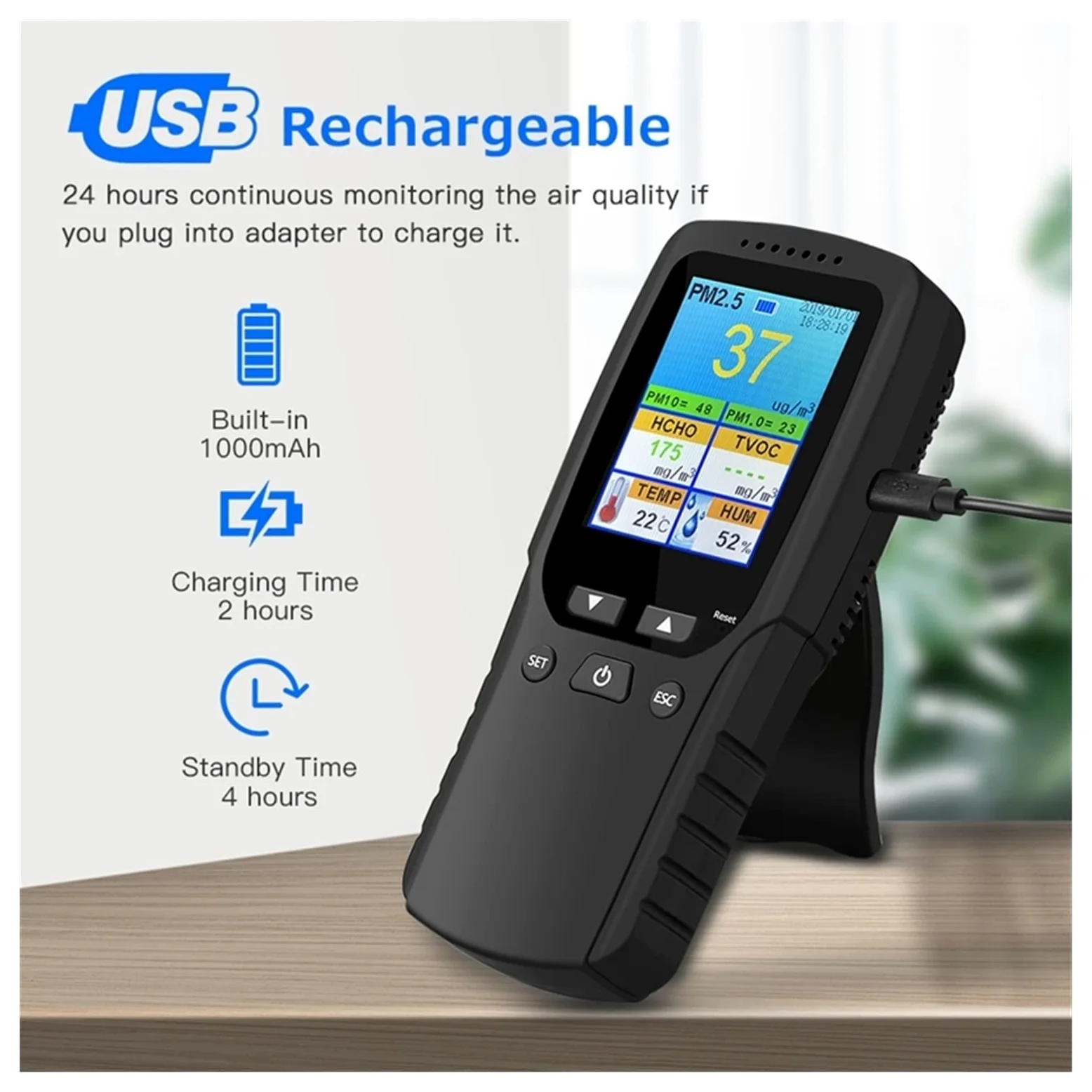 Rilevatore Gas, Monitor della qualità dell'Aria 9 in 1 Indoor Outdoor PM2.5, PM1.0, PM10, HCHO, rilevatore Tester Sensore di Temperatura e umidità per Lavoro, Casa