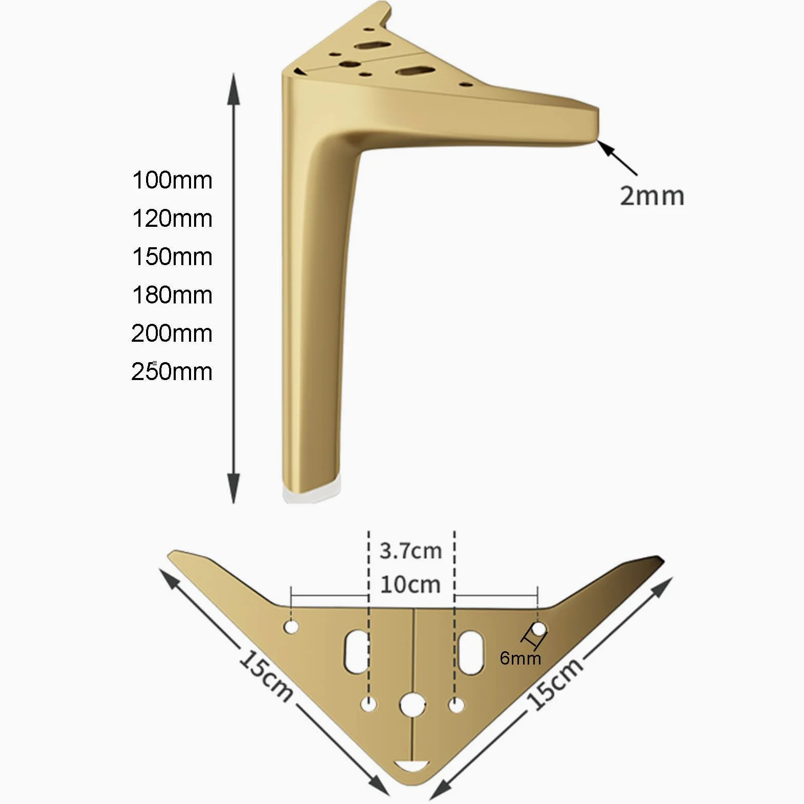 Confezione da 4 Gambe per mobili in Metallo, 10 cm, in Acciaio al Carbonio Dorato, Piedini di Ricambio per divani, tavoli, armadi, comodini, Letti, sedie Fai da Te – Include Viti per Un