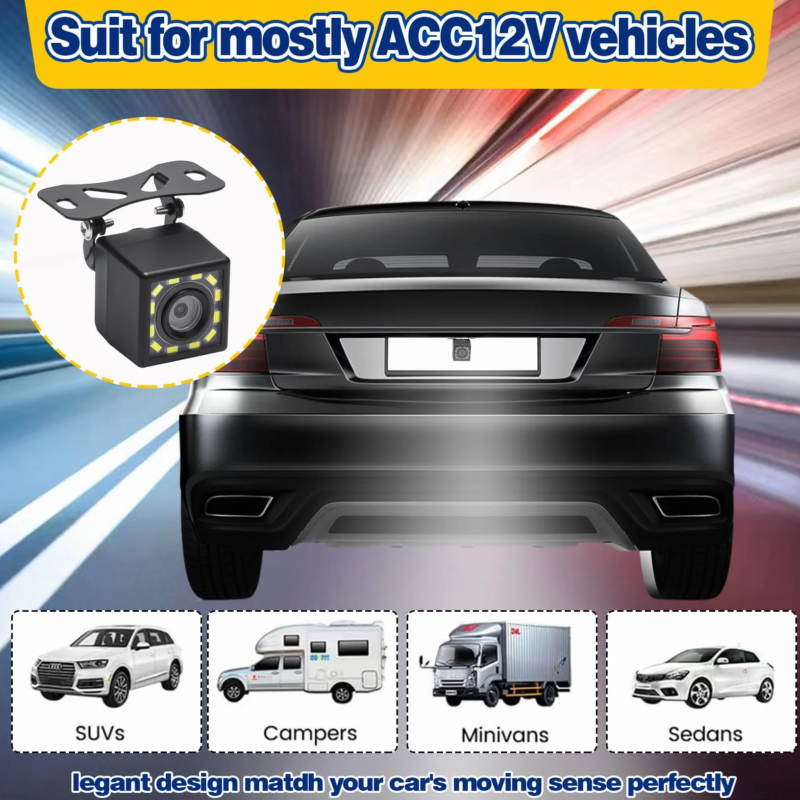 Set Telecamera per Auto 720P, Telecamera Auto Impermeabili IP68 con Grandangolo 170°, Telecamera Retromarcia con Visione Notturna Chiara e 12 LED per Camper, Camion, Pick-up e Rimorchi, Cavo da 6 m