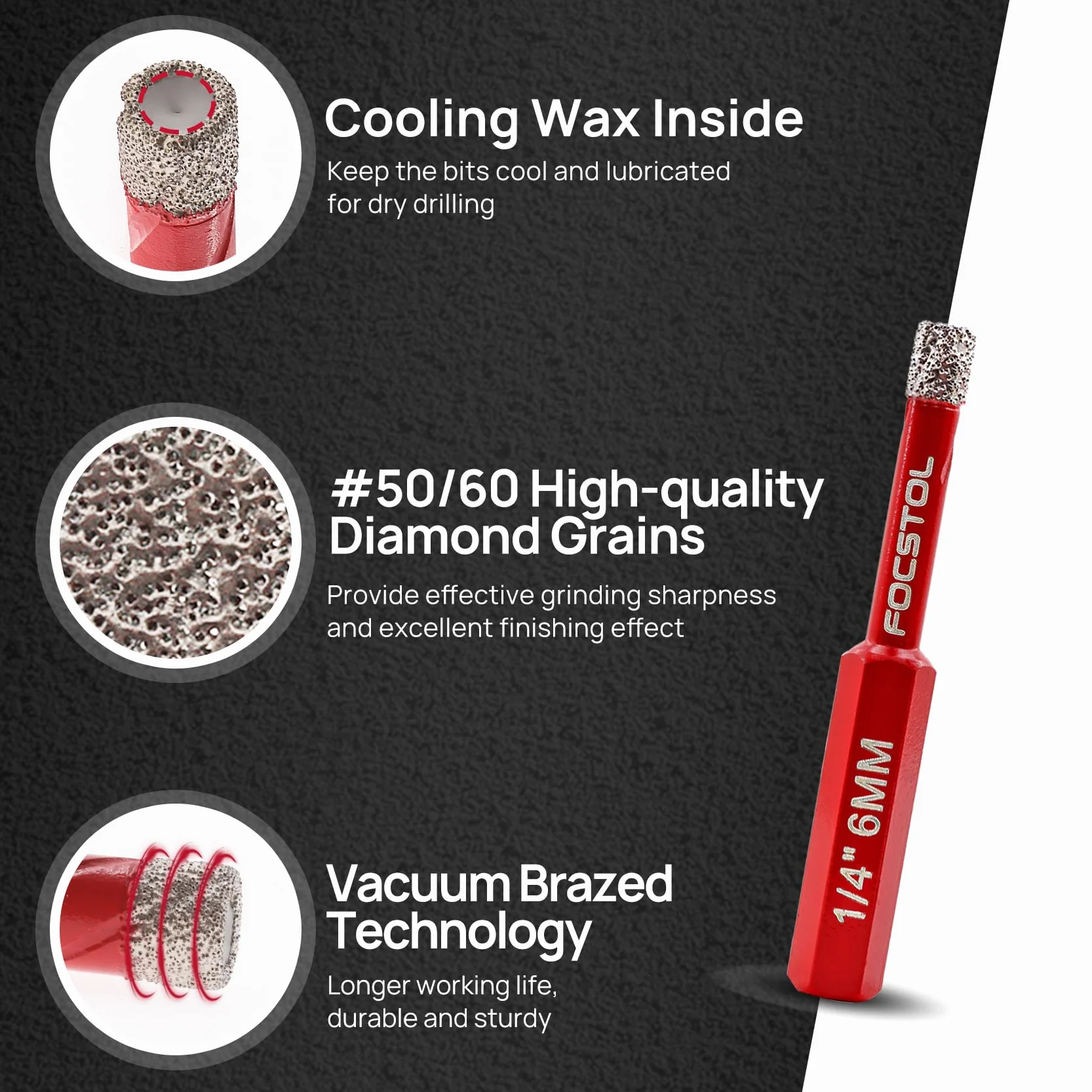FOCSTOL Set Punte Trapano Diamantate 5 pezzi 6/8/10/12mm Sega a Tazza Diamantata per Porcellanato Ceramica Marmo Granito