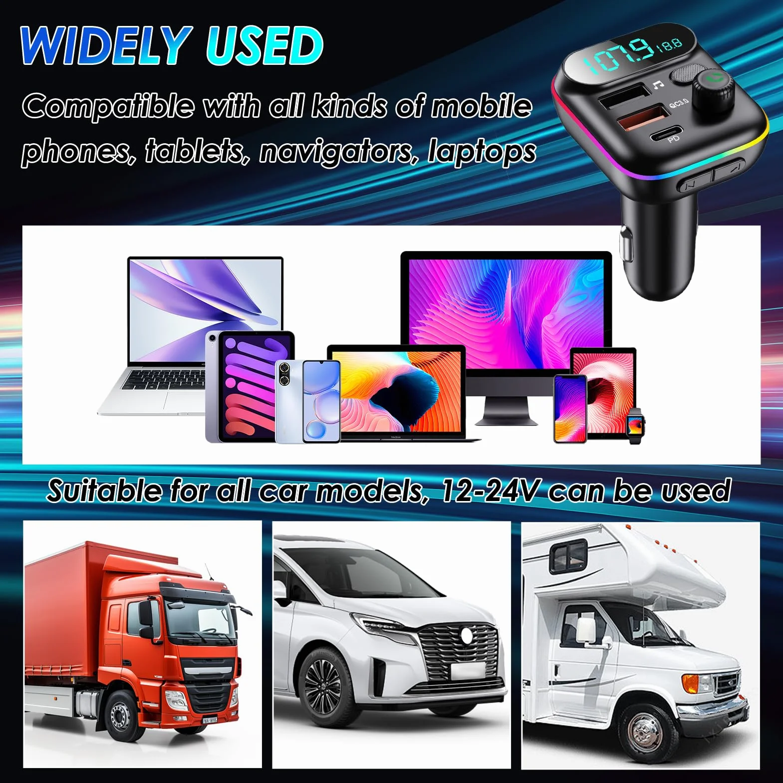 Trasmettitore FM Bluetooth Auto 5.0, Adattatore Bluetooth Audio QC3.0 Ricarica Rapida 2USB y 1PD 18W per Chiamate Vivavoce e Musica, Accendisigari con LED Display, Supporta USB e TF