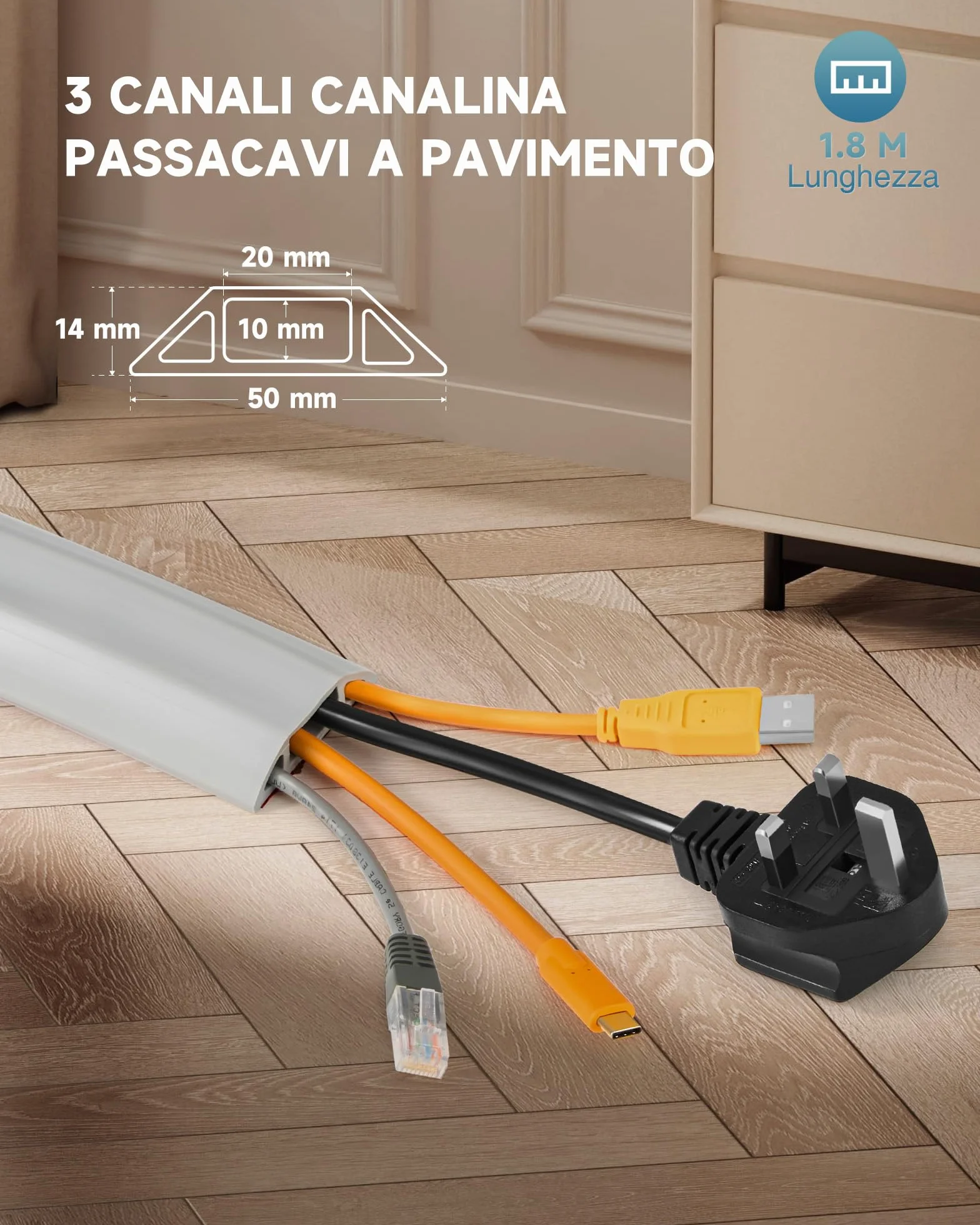 CREWORKS 1.8M Canalina Passacavi Pavimento 3 Canali, PVC Flessibile Calpestabile Adesiva Grigio