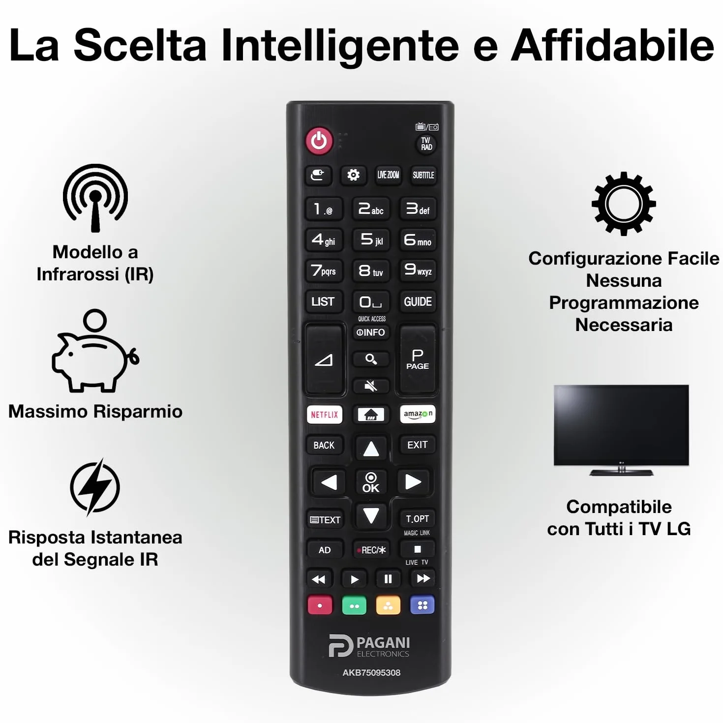 Telecomando Universale LG AKB75095308 Compatibile con TV LG Smart TV, LED, LCD, OLED, UHD, 4K, HD, WebOS, Nessuna Configurazione, Batterie Incluse, Azienda Italiana, Testato in Italia