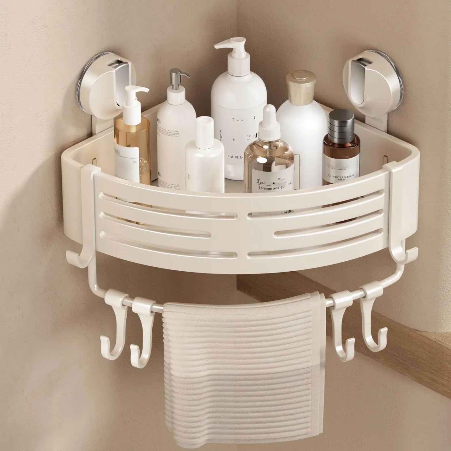 Voldra Mensola Doccia Angolare Ventose, 2 Pezzi Porta Sapone Per Doccia Senza Foratura Porta Bagnoschiuma da Doccia Bagno Portaoggetti Shampoo Doccia Angolare con Portasciugamani e Ganci (Bianco)