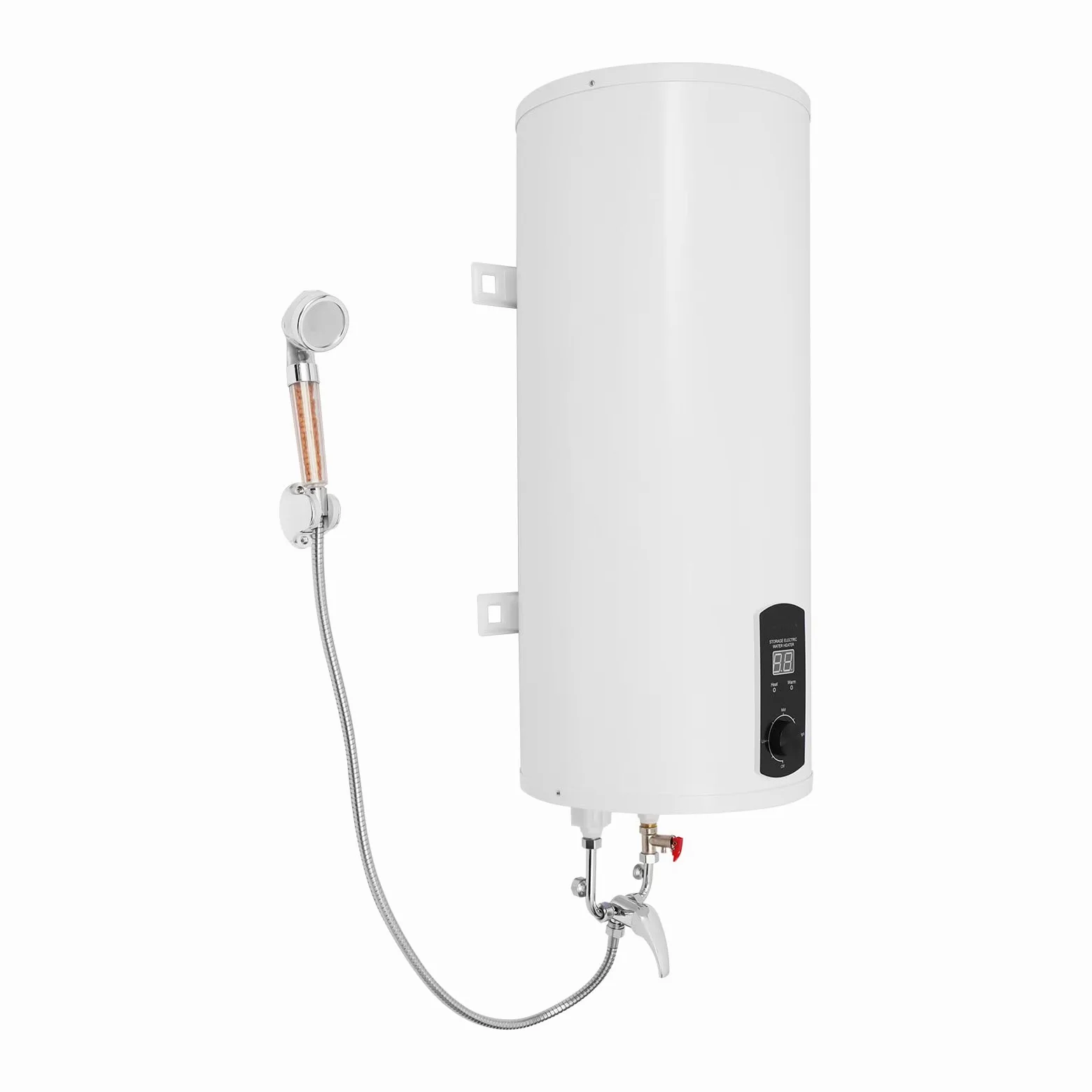 Scaldabagno 60 l, 2000 W, indicatore di temperatura, 25-75 °C, bianco | Con doccetta, rubinetto e 3 tubi, montaggio a parete verticale, connettore G1/2 e spina UE per bagno, cucina e salone