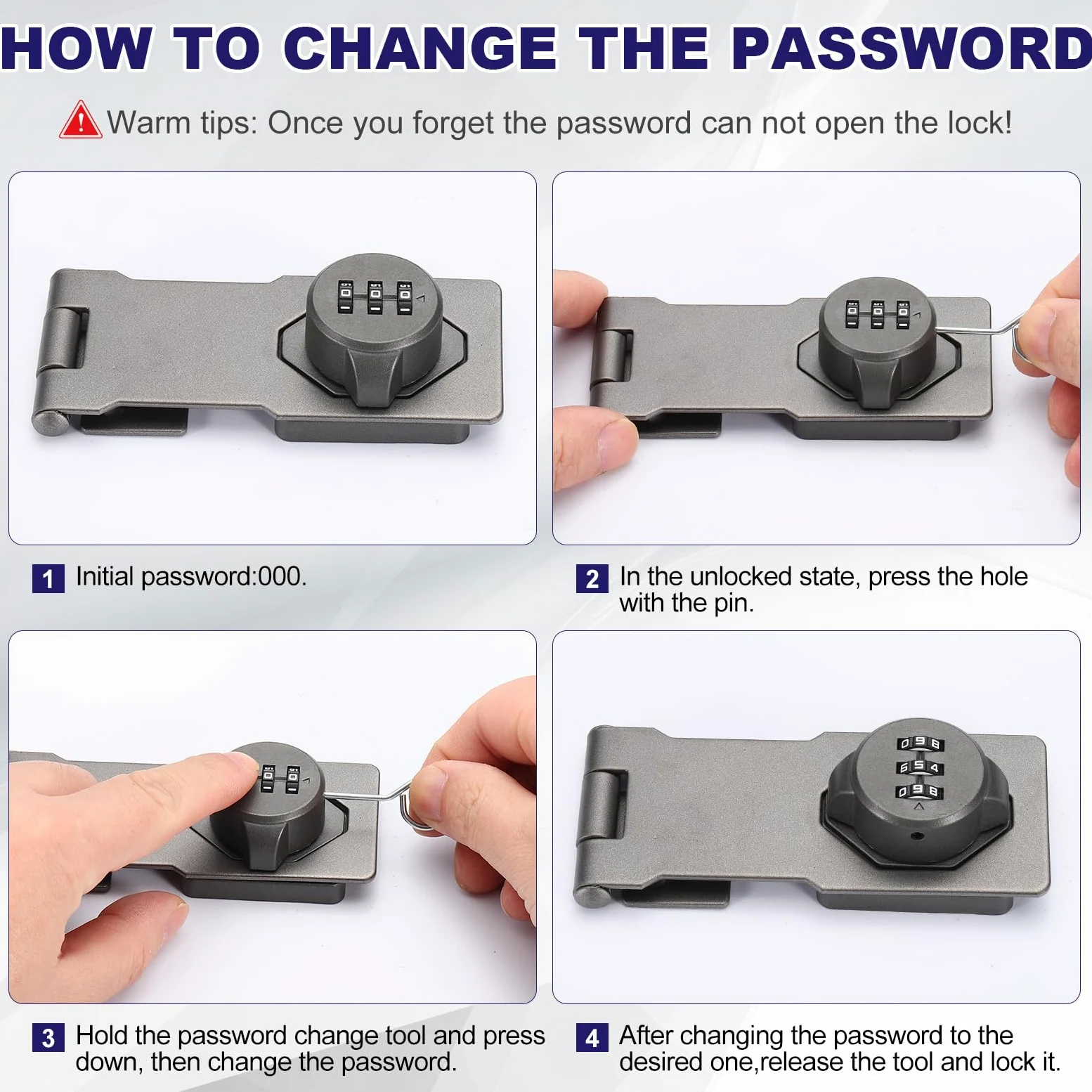 4 serrature senza chiave per armadietti con codice a combinazione (11,4 cm) – 3 cifre password serratura meccanica con password, per cassetti, armadi, recinzioni, porte, argento