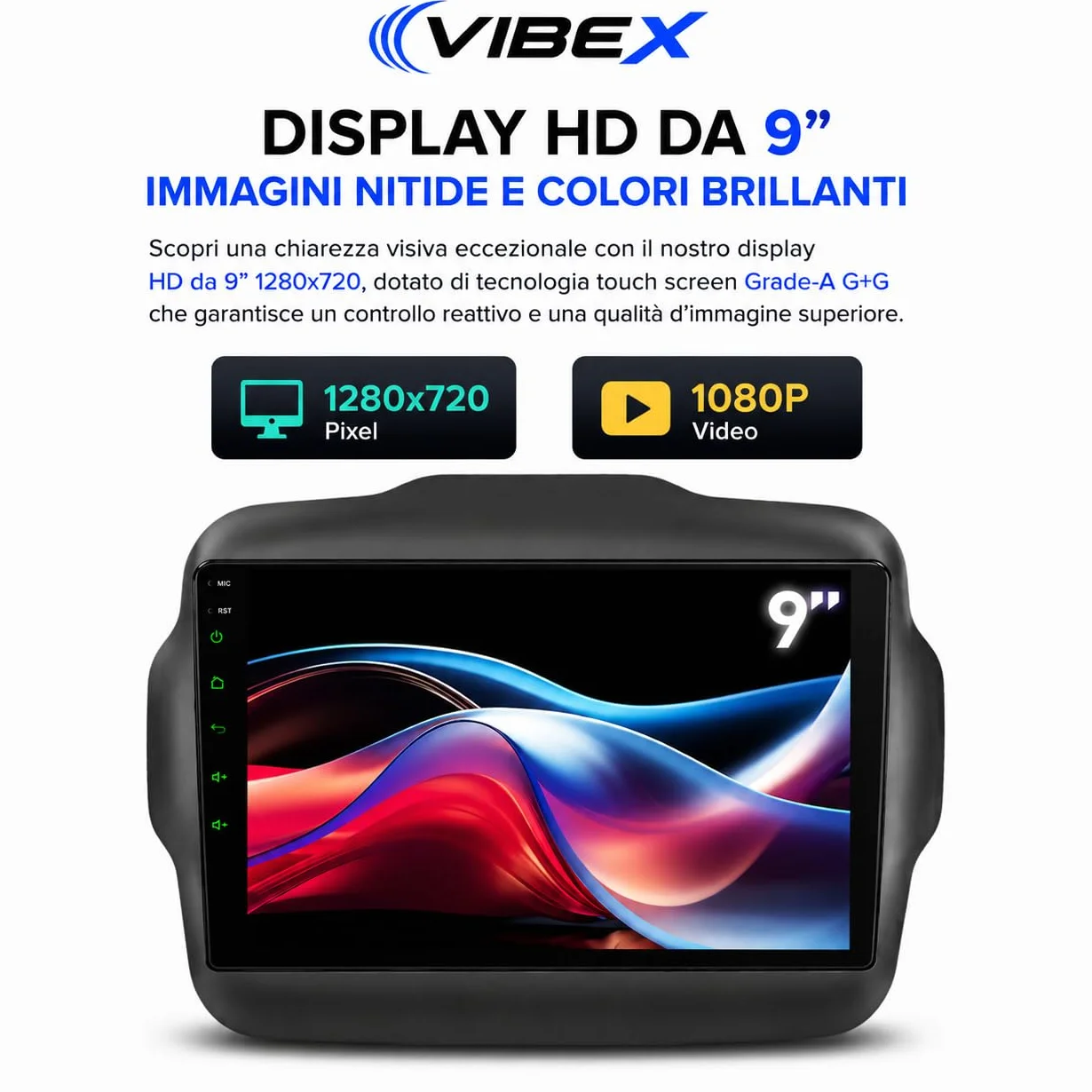 VIBEX Autoradio 9" Android per Jeep Renegade 2014 2015 2016 2017 2018 2019 2020, Wireless Apple CarPlay Android Auto, Navigazione GPS, Bluetooth, WiFi, Schermo Touchscreen, Supporto Retrocamera