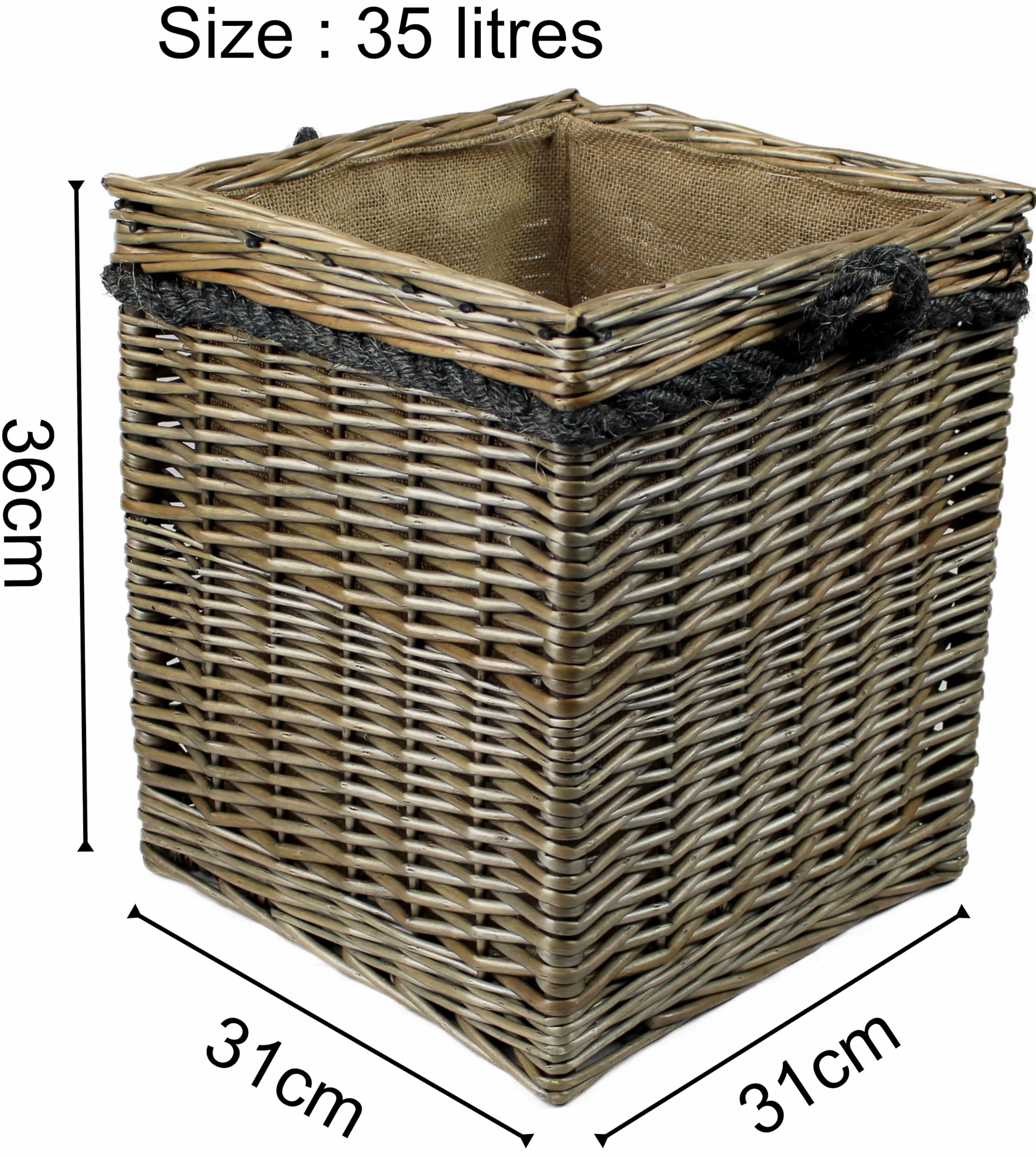 Grande cesto per legna in vimini grigio anticato, manici in corda, contenitore per legna e legna per camino, o scarpe, giocattoli, biancheria (35 litri, quadrato)