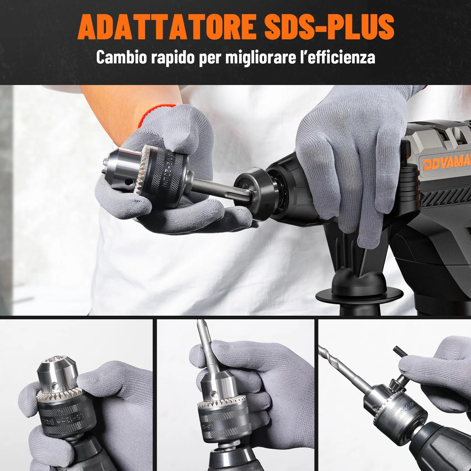 DOVAMAN RH15A Martello Perforatore SDS-Plus 1500W 4 Funzioni 4350 bpm 7J 900 giri/min Anti Vibrazioni Frizione Sicurezza