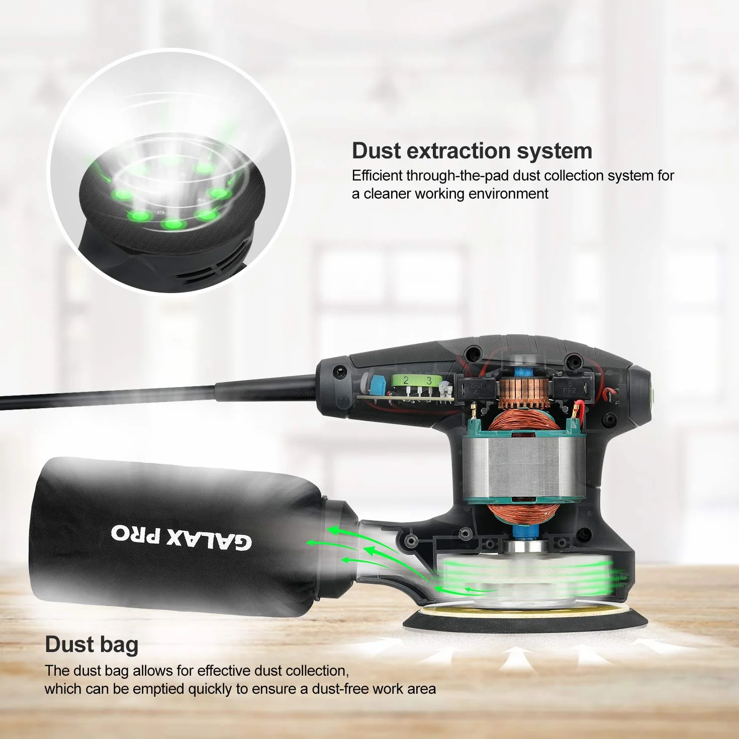 GALAX PRO Levigatrice Orbitale, 280W 6 Velocità Variabili 6000-13000 RPM Levigatrice Rotorbitale, 15 pezzi 125mm Dischi abrasivi, Polvere sistema di raccolta, ideale per DIY