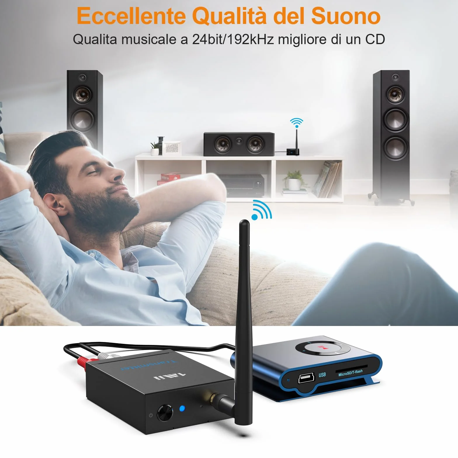1Mii Trasmettitore Ricevitore Audio Wireless HiFi per TV(1 TX + 1 RX), 2.4 GHz Adattatore Audio RCA Ingresso/Uscita, Lungo Raggio 100m Bassa Latenza per Musica da TV/PC a Subwoofer/Stereo/Casse Attivo