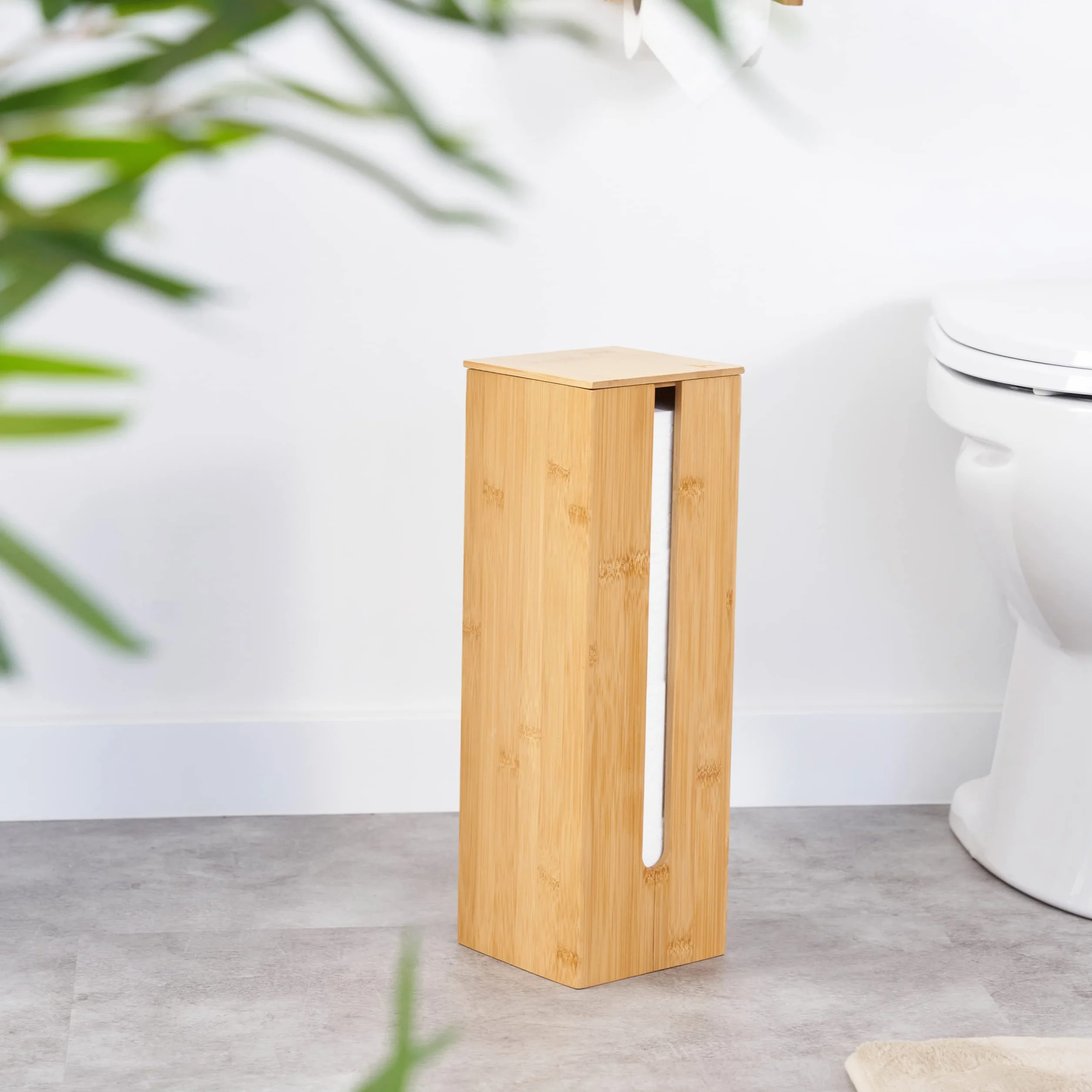 HENNEZ Porta Carta Igienica da Terra Legno di Bambu Chiuso - Portarotolo da Terra Contenitore - Scorta Mobile Bagno Legno