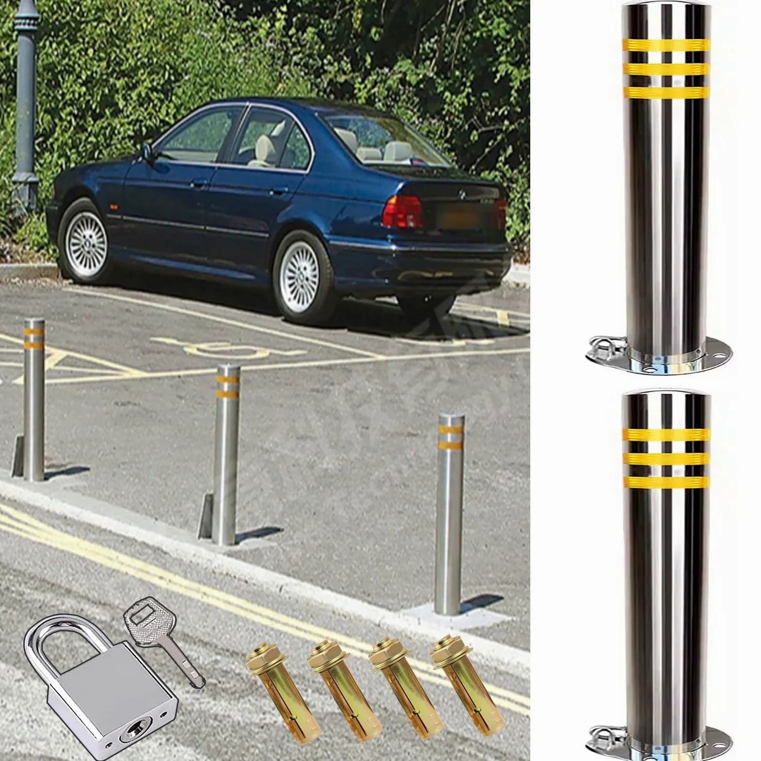 NZPOST Paletti di sosta Conici per vialetti, con Lucchetto, in Acciaio Inox, per delimitare Il Traffico (Argento, 2 Pezzi, Altezza 75 cm)