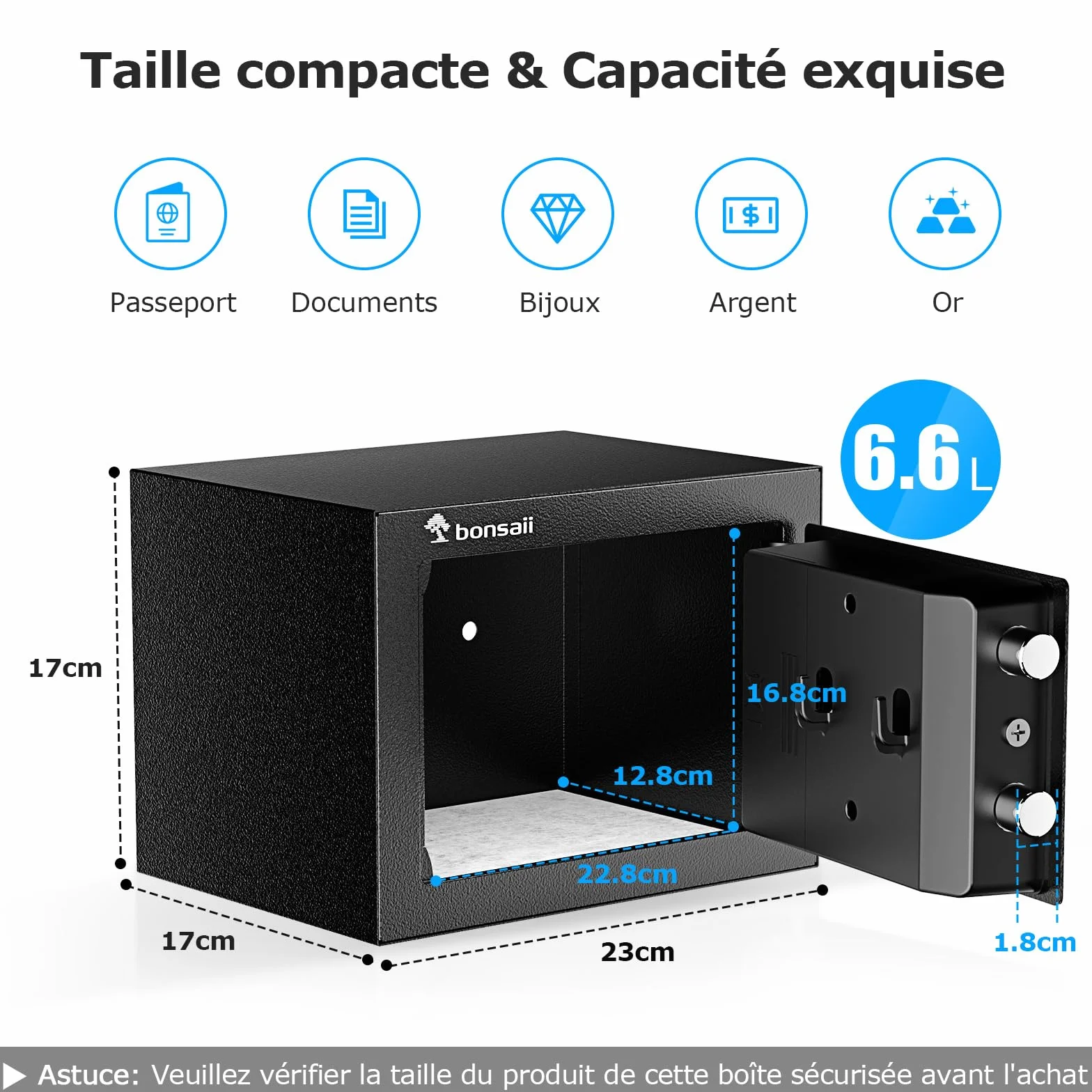Bonsaii Cassaforte piccola da 6,6L con tastiera elettronica, cassaforte nascosta con chiave in acciaio, mini cassaforte per casa, ufficio e hotel, SF005