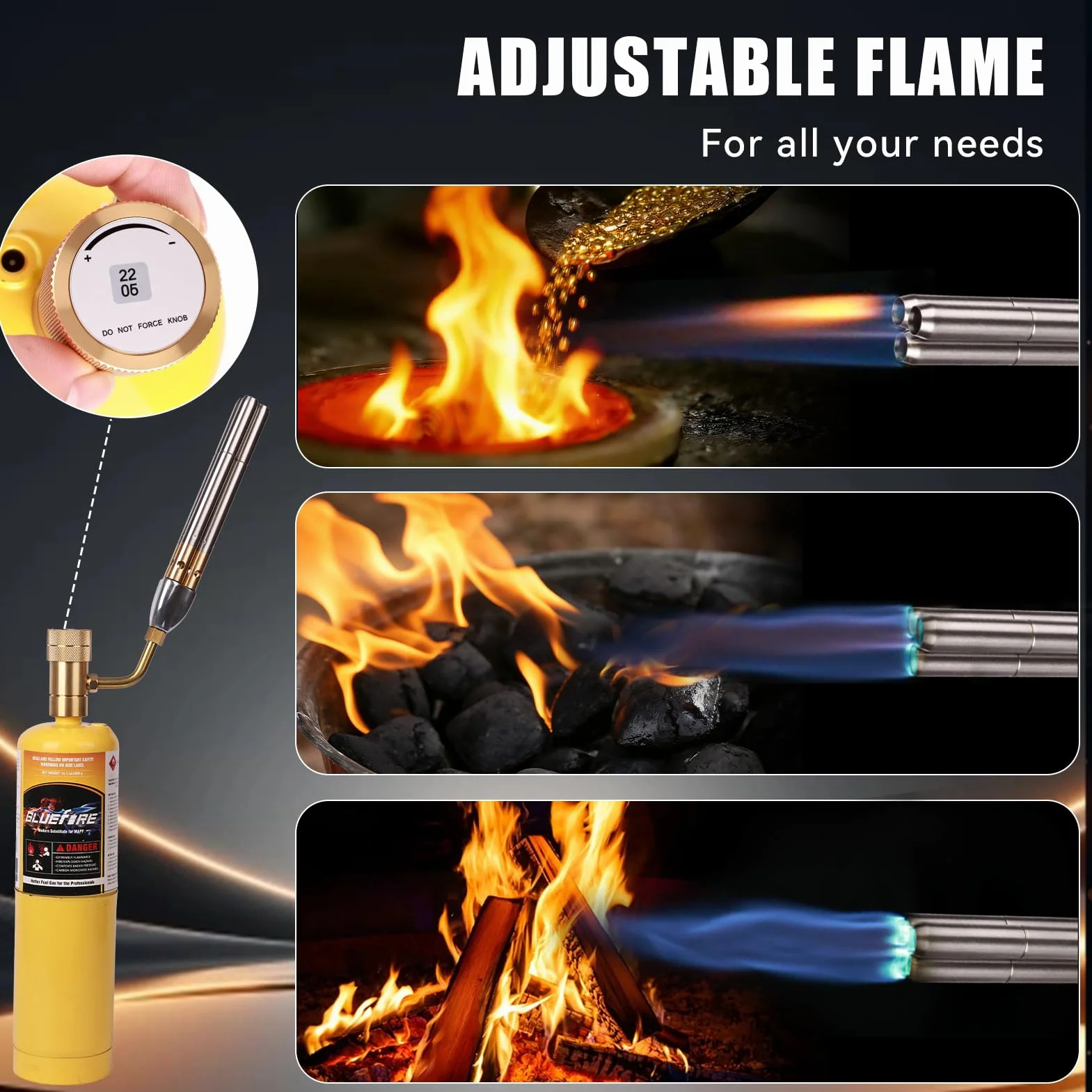 BLUEfire Torcia Turbo a getto a tripla fiamma Trigger Start Cucina Ricerca Saldatura a gas Carburante MAPP MAP Pro Propano Base stabilizzatrice libera
