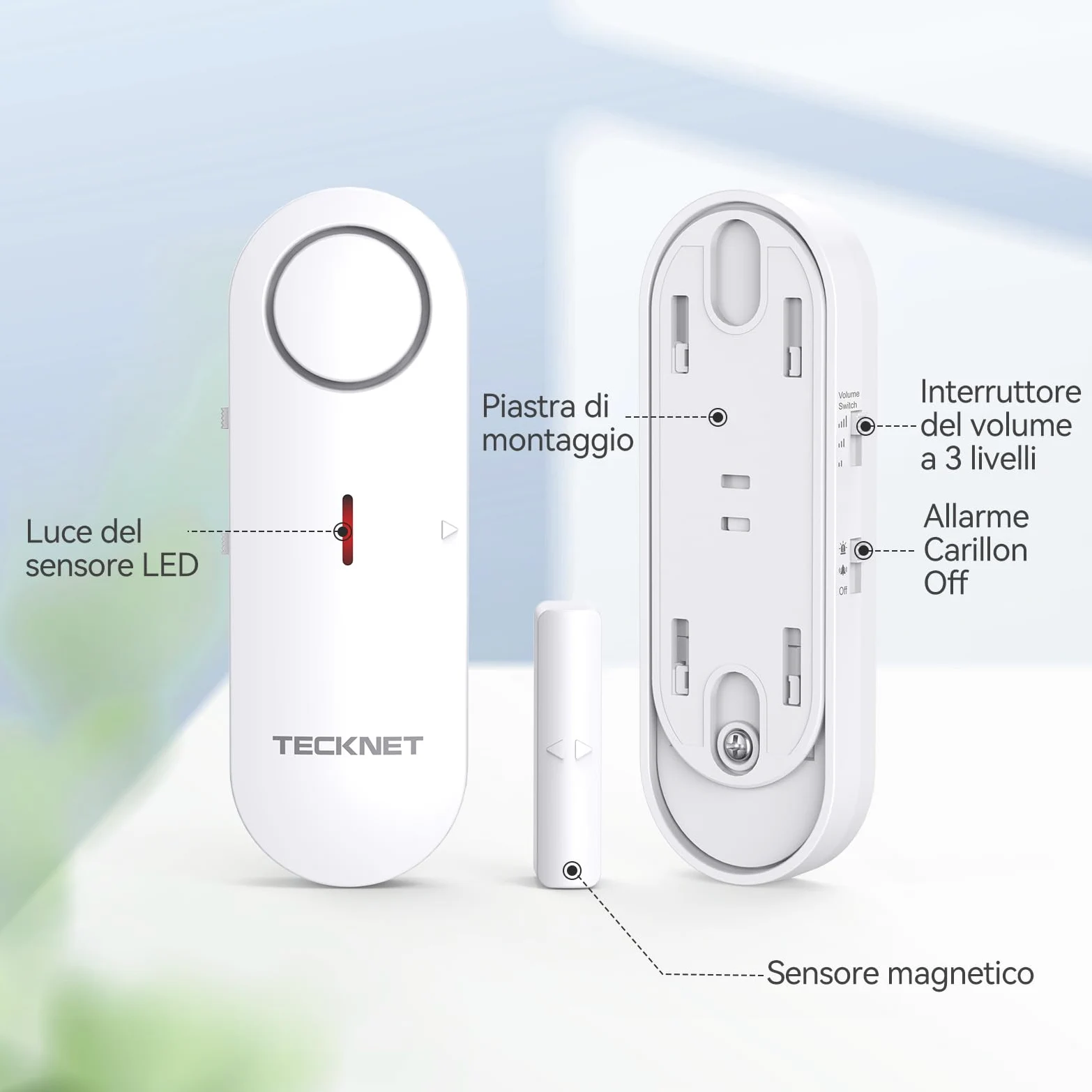 TECKNET Allarme Casa Senza Fili, Mini Sensori Allarme Porte E Finestre, Allarme & Campanello 2-in-1, Controllo del Volume a 3 Livelli, Sistema di Allarme per Casa, Negozio, Ufficio, Garage (9 PCS)