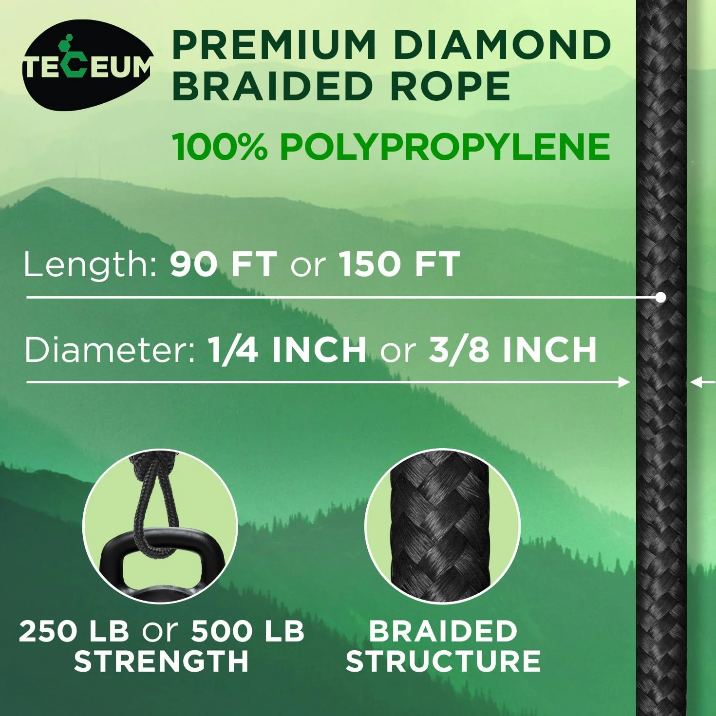 TECEUM Corda– 7mm & 10mm – 27,5M | 45M – Multiuso Resistente – Campeggio, Artigianato, Uso Interno ed Esterno – Corda Leggera Intrecciata a Diamante in Polipropilene e Nylon – Nero (Black)