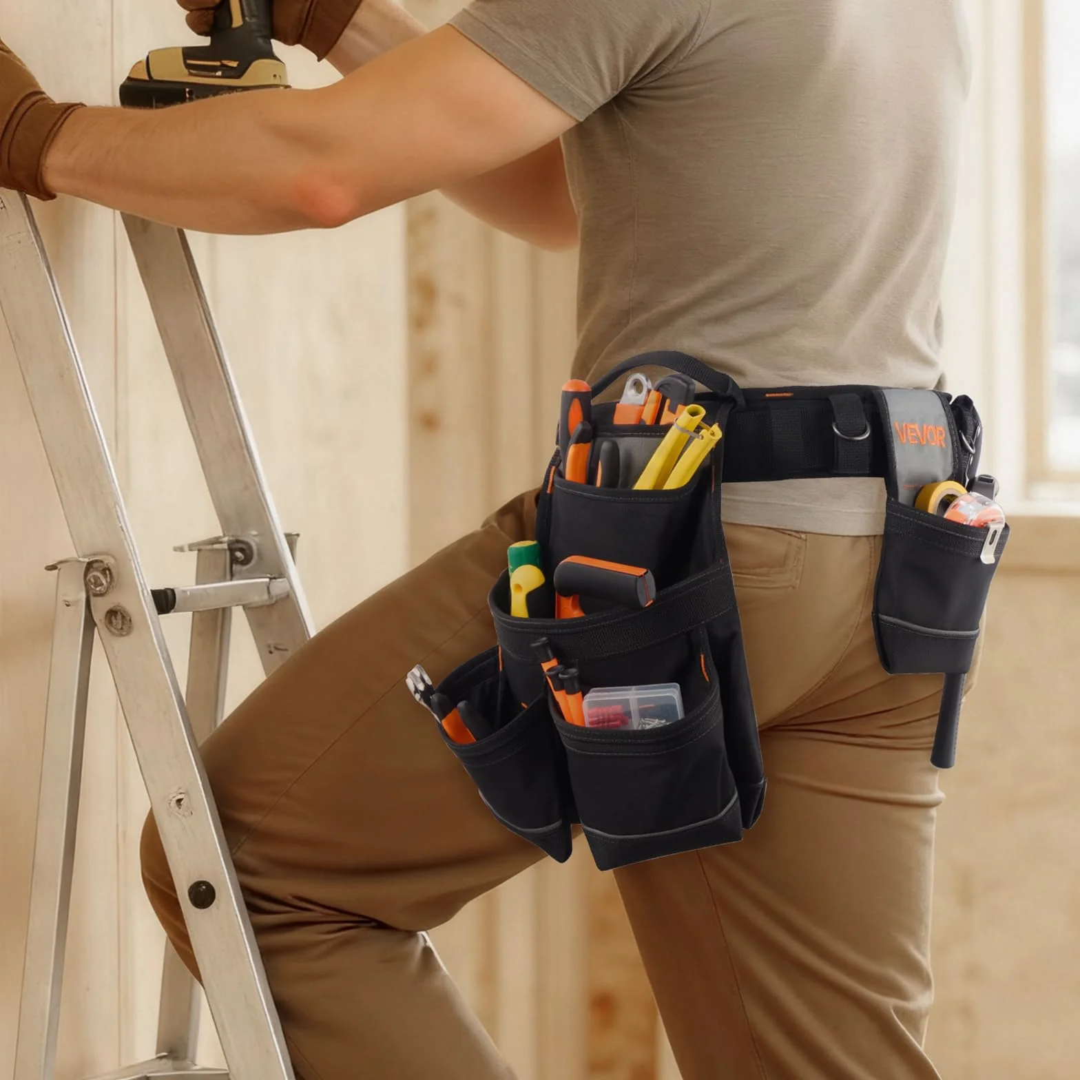 VEVOR Marsupio Porta Attrezzi Elettricista 18 Tasche Borsa Lavoro Staccabile Vita Regolabile 80-131 cm