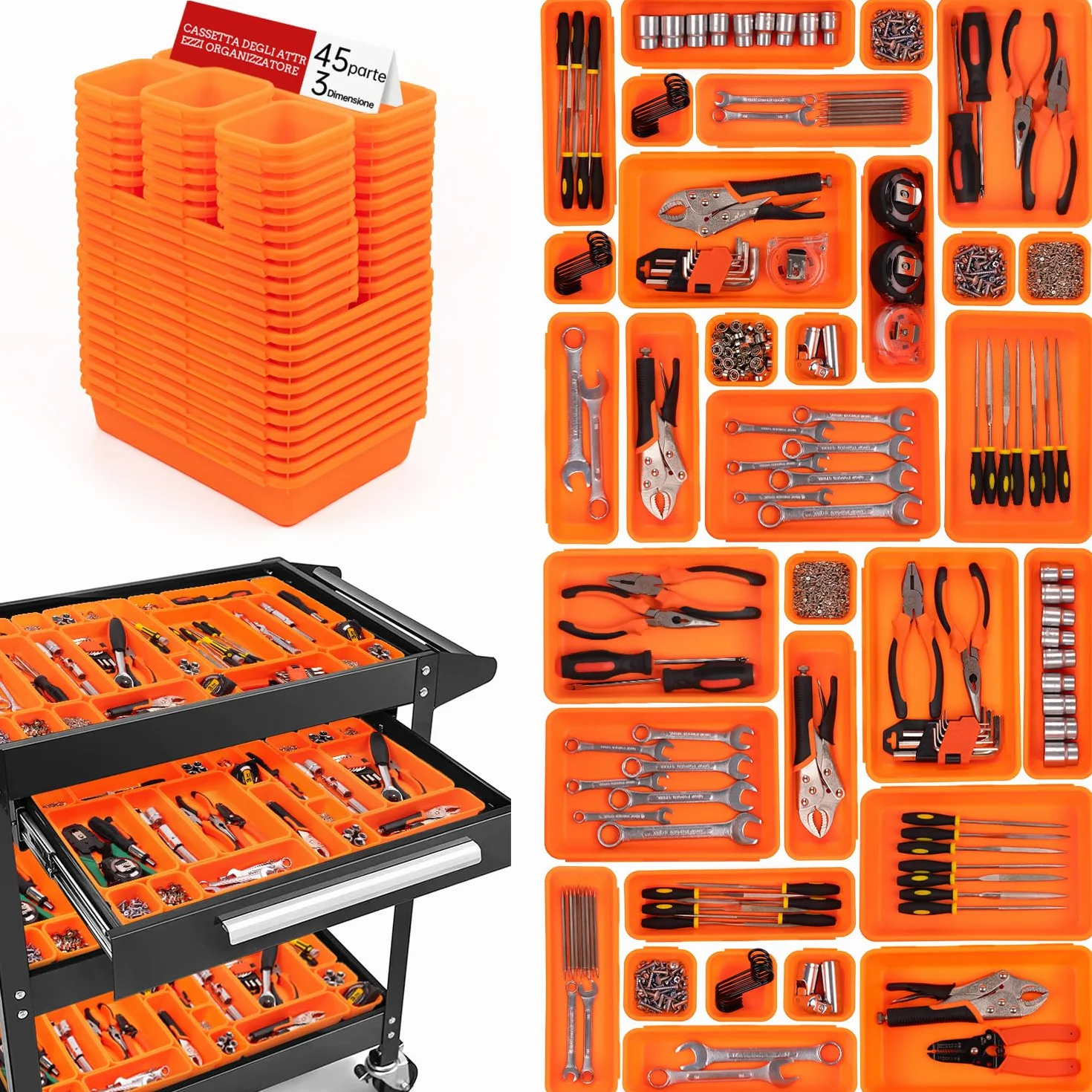 Organizer Cassetta Attrezzi 45 Pezzi con Cassetti, Scatole Portaoggetti Plastica per Viti Minuteria e Carrello - Arancia
