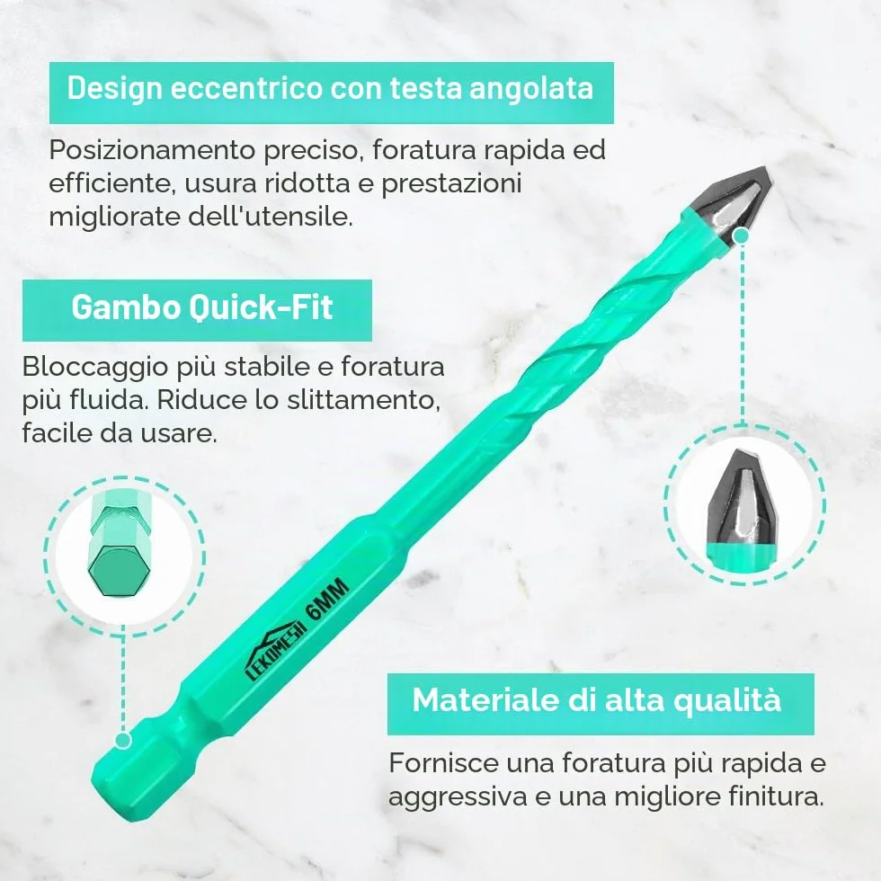 Punte Trapano Carburo 5-12mm Set 10 Pezzi Gres Porcellanato Gambo Esagonale Cambio Rapido