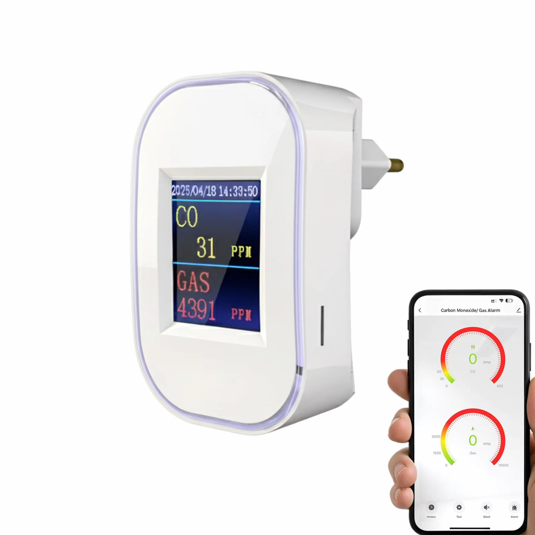 Rilevatore di Gas e Monossido di Carbonio Wifi con Spina, Monitoraggio App, Certificazione EN50291 e EN50194, Allarme di CO, Rivelatore di Gas Combustibile per Gas Naturale LPG Metano Propano Butano