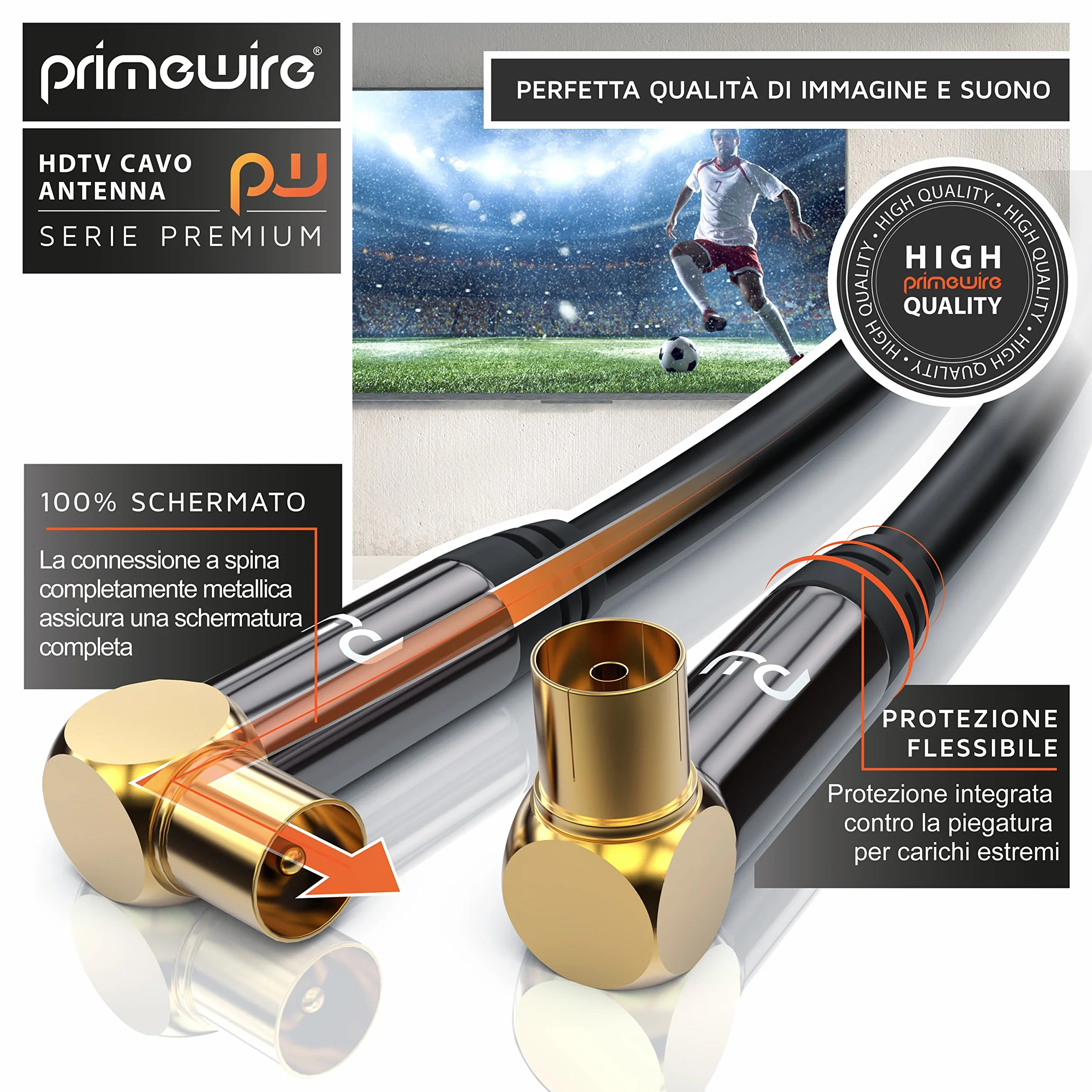 1m Cavo Antenna a Gomito 90 Gradi maschio femmina - Serie Premium professionale - DVB-T Digitale terrestre UHF VHF - Connettori dorati - 75 Ohm - Resistenza 135dB – Spessore cavo 7,5mm – Nero