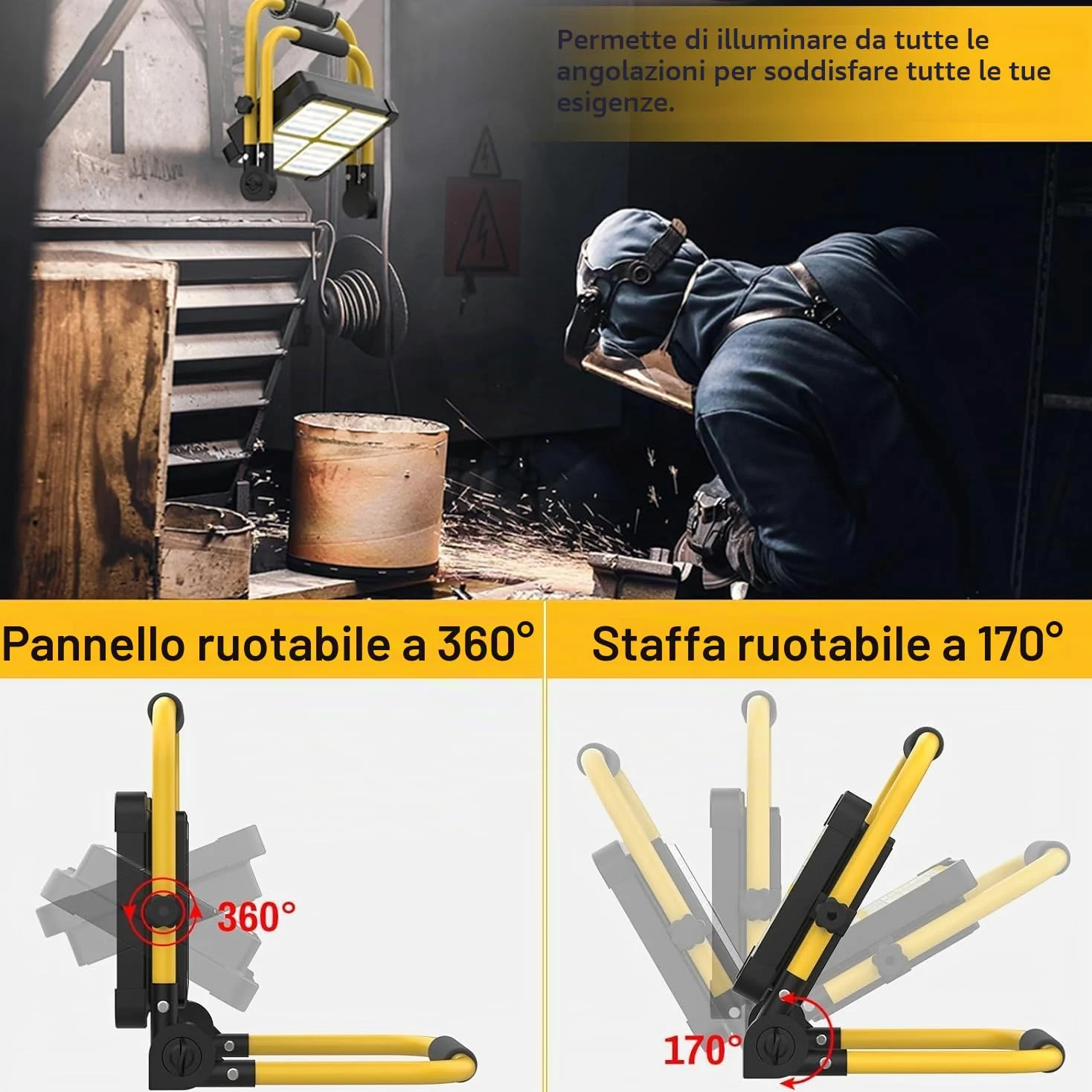 MASMEJOR Faro LED Ricaricabile Solar, Supporto Metallico, 10000LM, 12000mAh | 100W, 336 LEDs, 4 Modalità Luce, Base Magnetica, Uscita USB, Portatile per Campeggio, Garage, Pesca, Emergenze